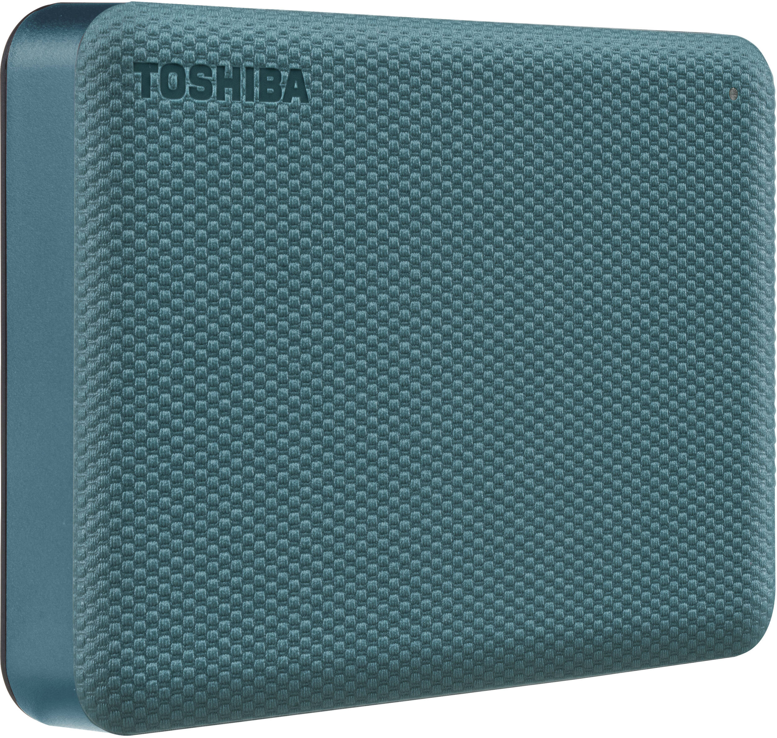 Disque dur externe Toshiba turquoise, surface texturée, nom de la marque en haut. Le côté est lisse.