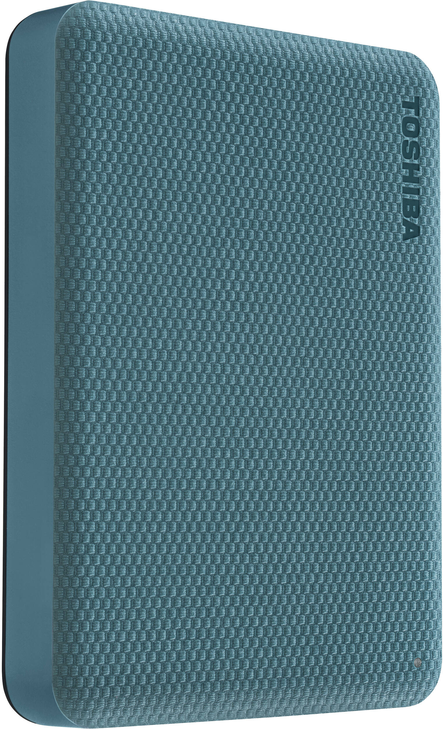 Un disque dur externe Toshiba de couleur sarcelle. L'avant a un motif texturé, le côté est lisse. Le logo est visible.