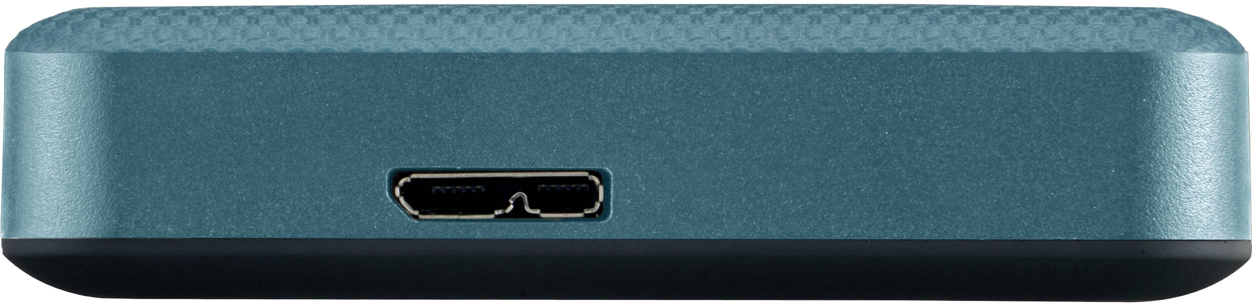 Gros plan d'un appareil turquoise avec un port USB au centre. Le bas est noir.