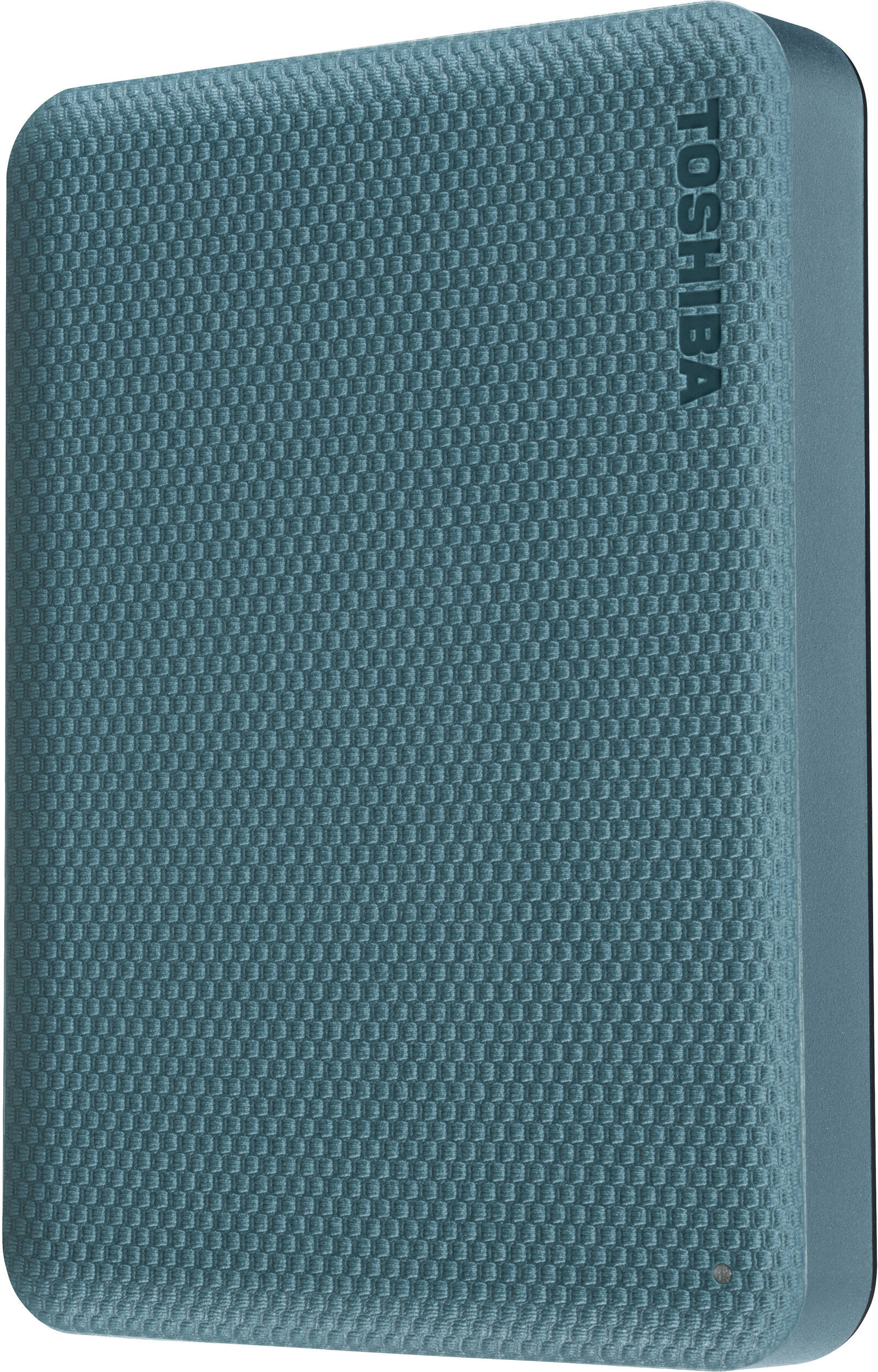 Disque dur externe Toshiba turquoise, surface texturée et logo. Le côté est turquoise lisse. Fond blanc.