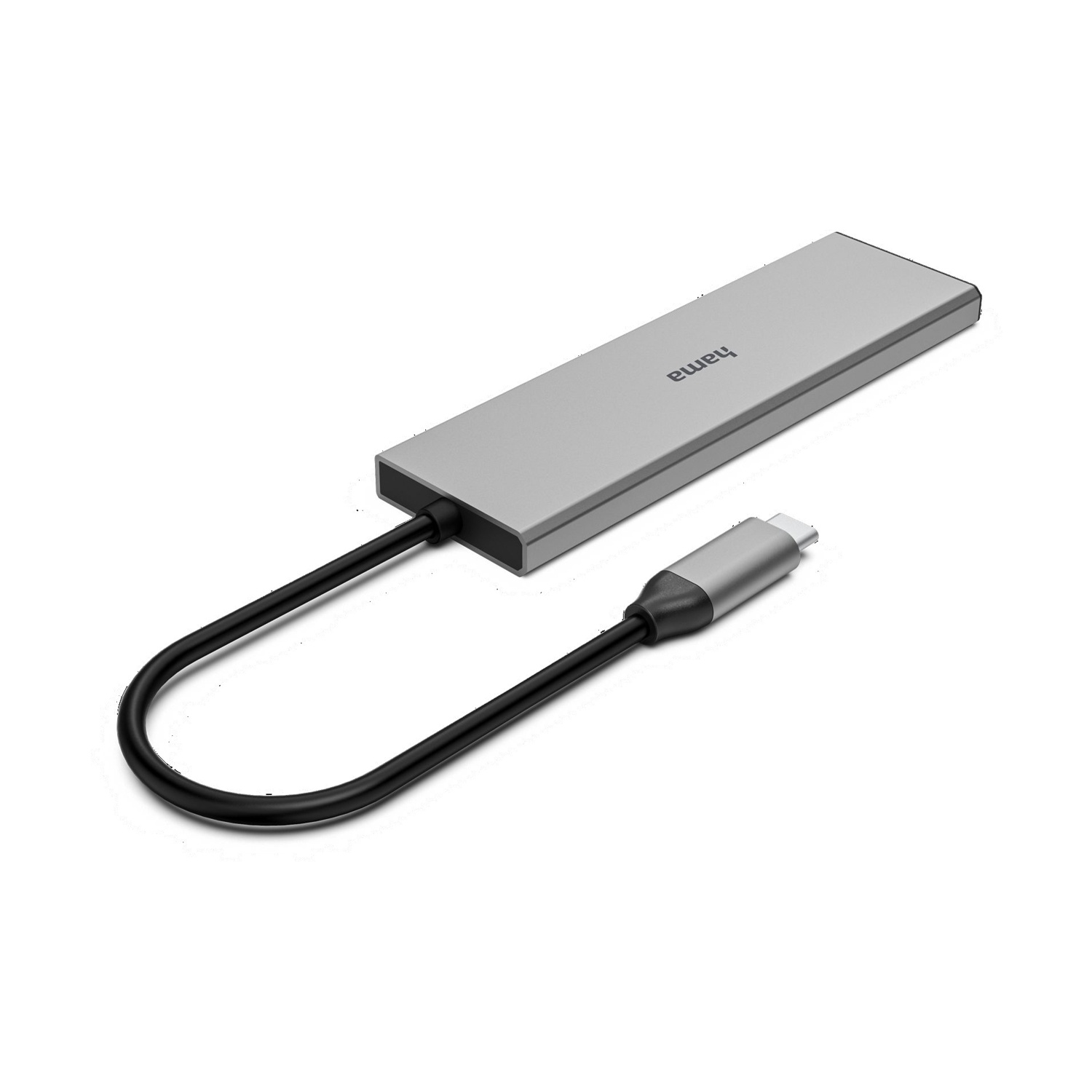 Un hub USB Hama argentato con cavo e connettore neri su sfondo bianco. L'hub è rettangolare.