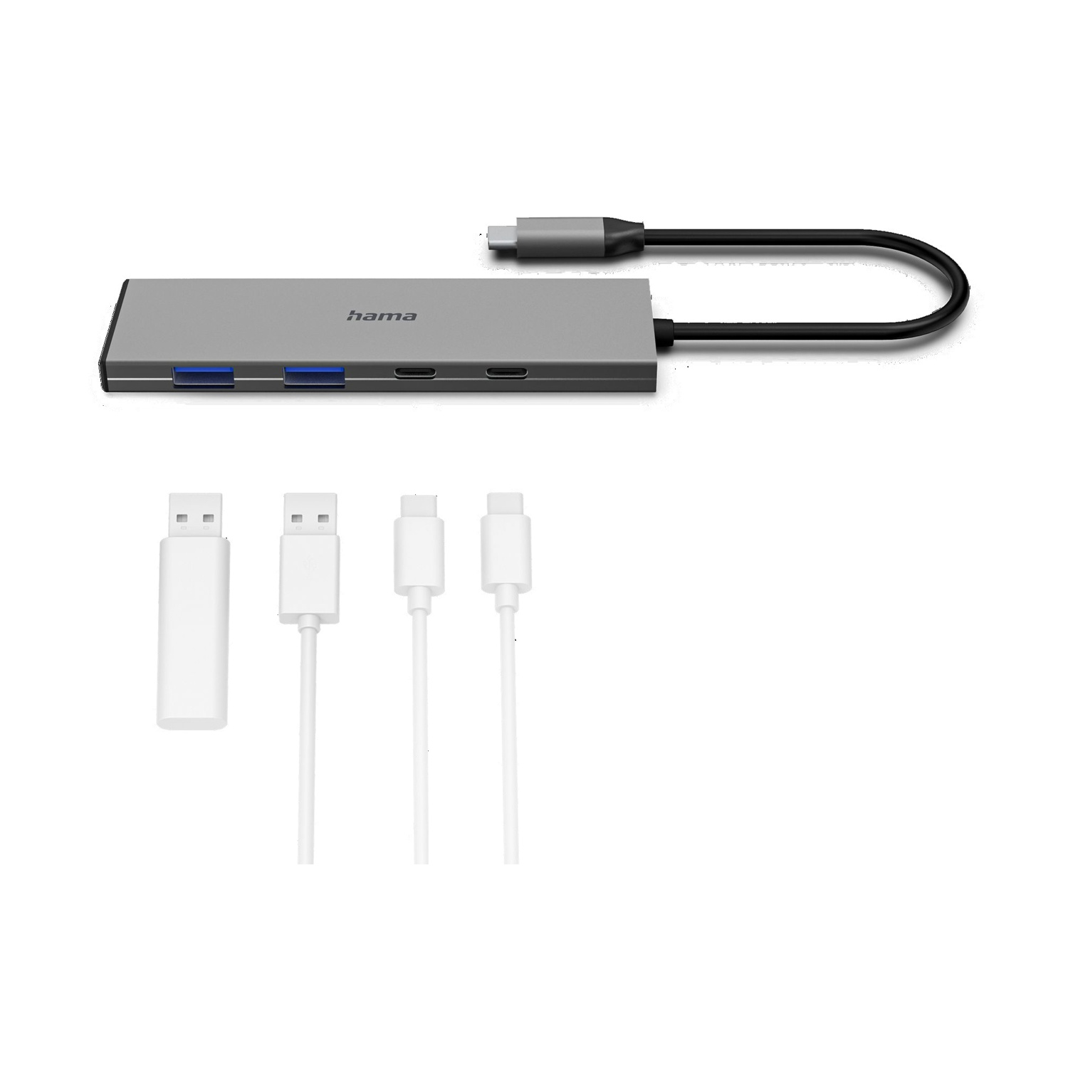 Un hub USB Hama grigio con più porte, un cavo USB-C e diversi cavi USB bianchi su sfondo bianco.