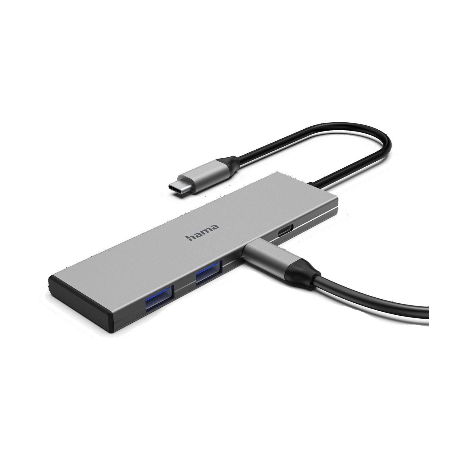 Un hub USB Hama argentato con più porte e cavi neri, su sfondo bianco, vista angolata.