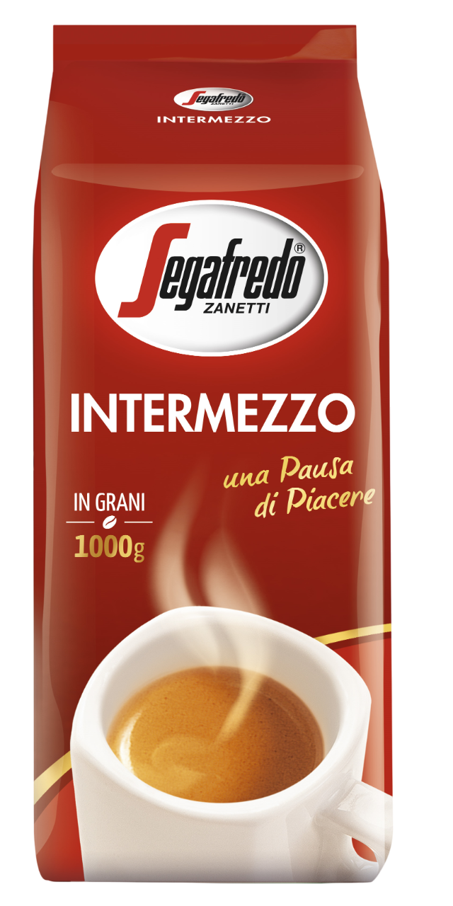 Roter Kaffeepack mit Segafredo-Logo. Zeigt eine Kaffeetasse mit der Aufschrift Intermezzo.