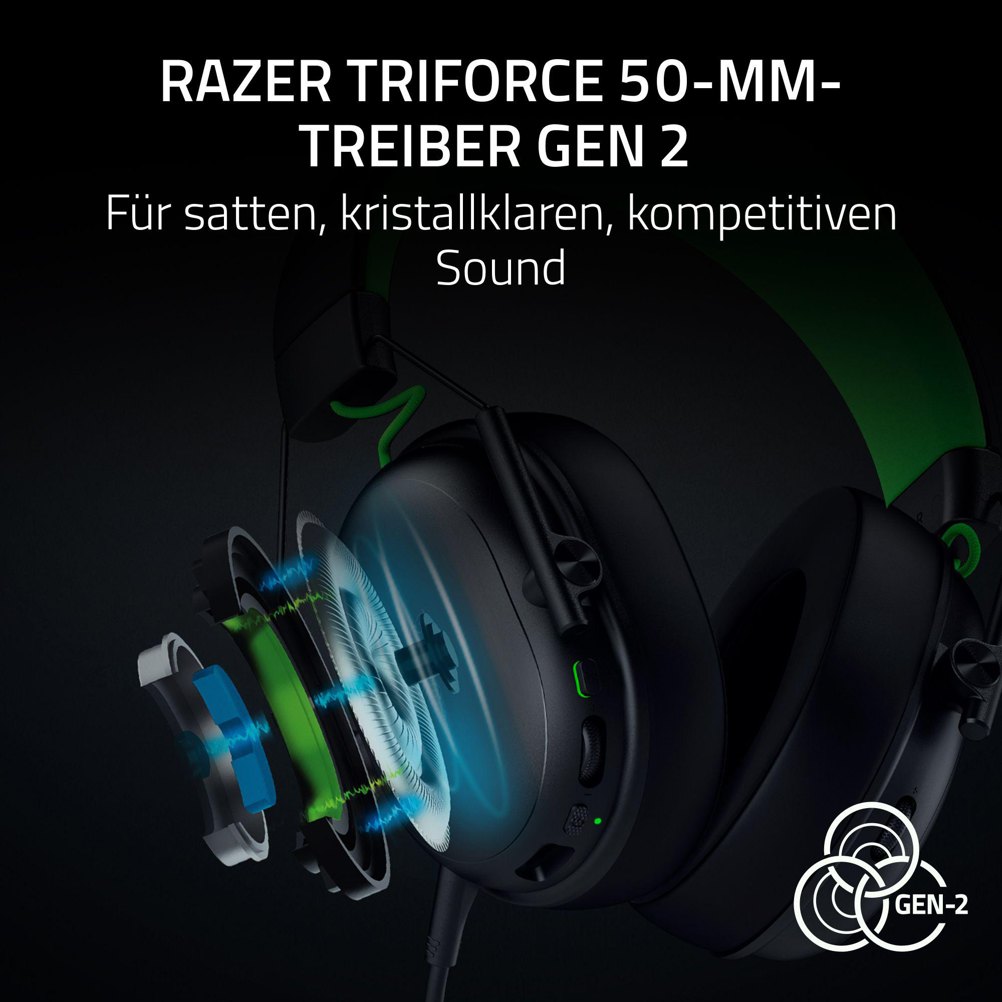 Schwarzes Razer-Headset mit grünen Akzenten, Explosionsansicht der internen Komponenten. Text: Razer Triforce Gen 2.