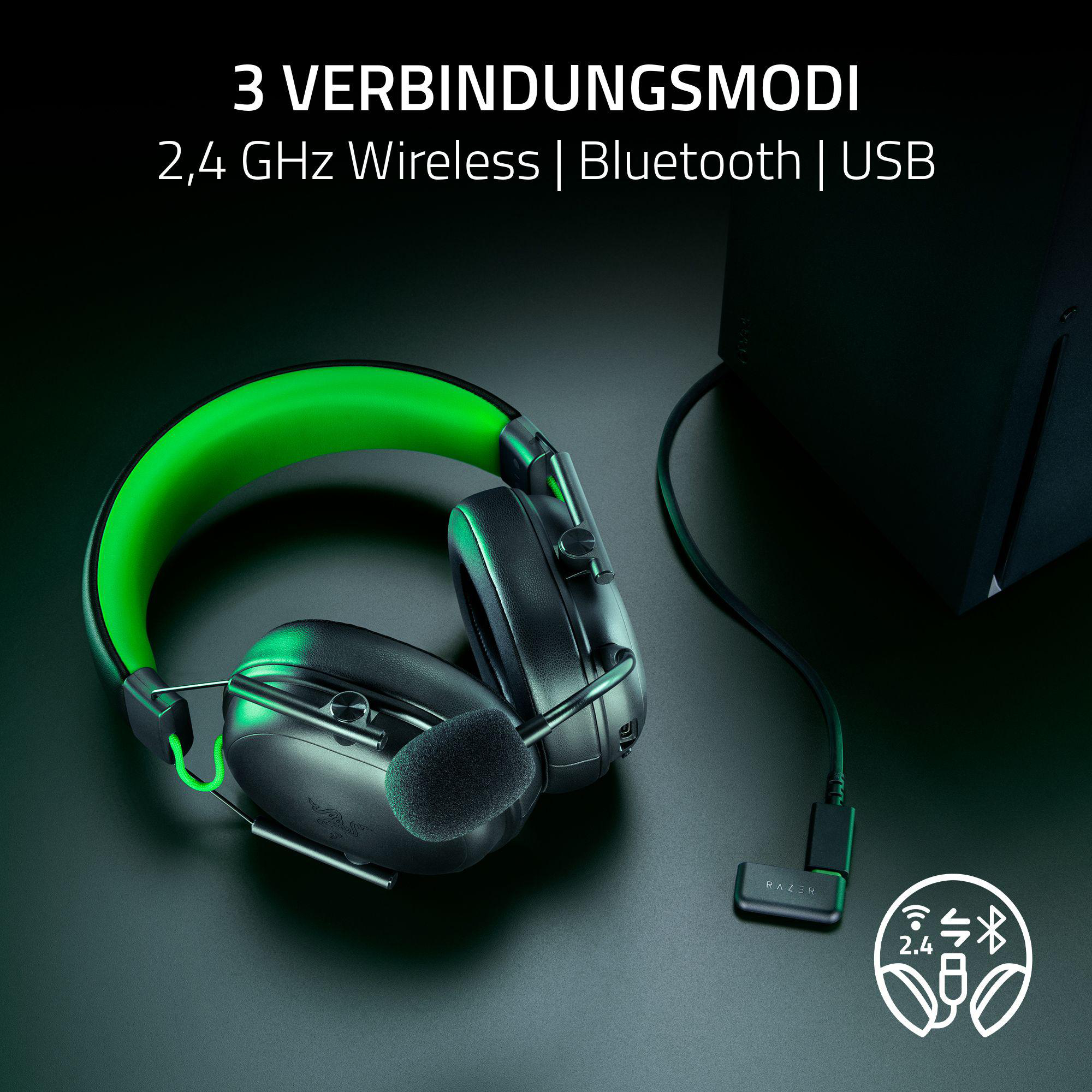 Kopfhörer mit grünen Akzenten, Mikrofon und USB-Dongle. Text: 3 Verbindungsmodi 2,4 GHz Wireless | Bluetooth | USB.