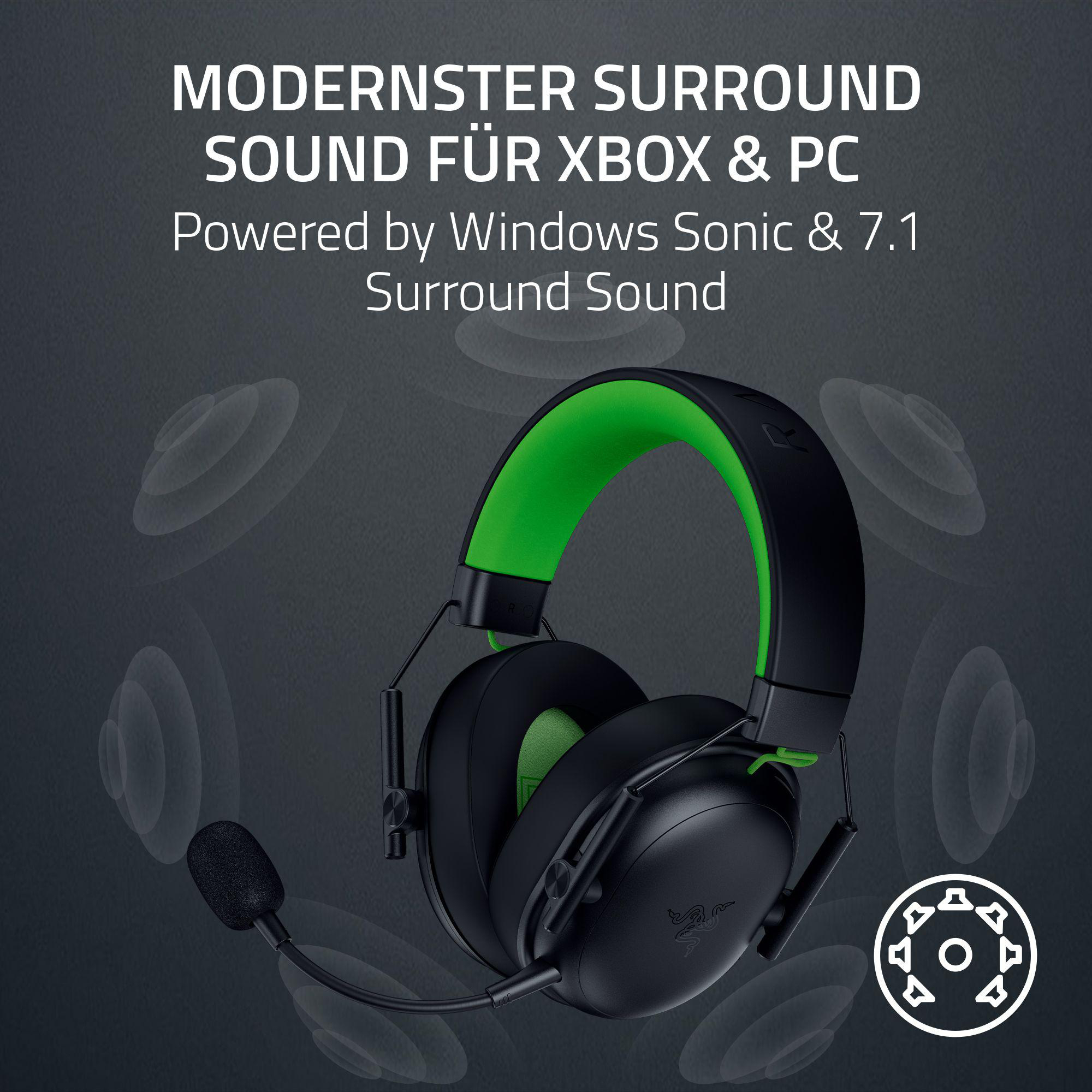 Schwarzes Gaming-Headset mit grünen Akzenten. Das Bild zeigt Kopfhörer mit Mikrofon und Schallwellen im Hintergrund.