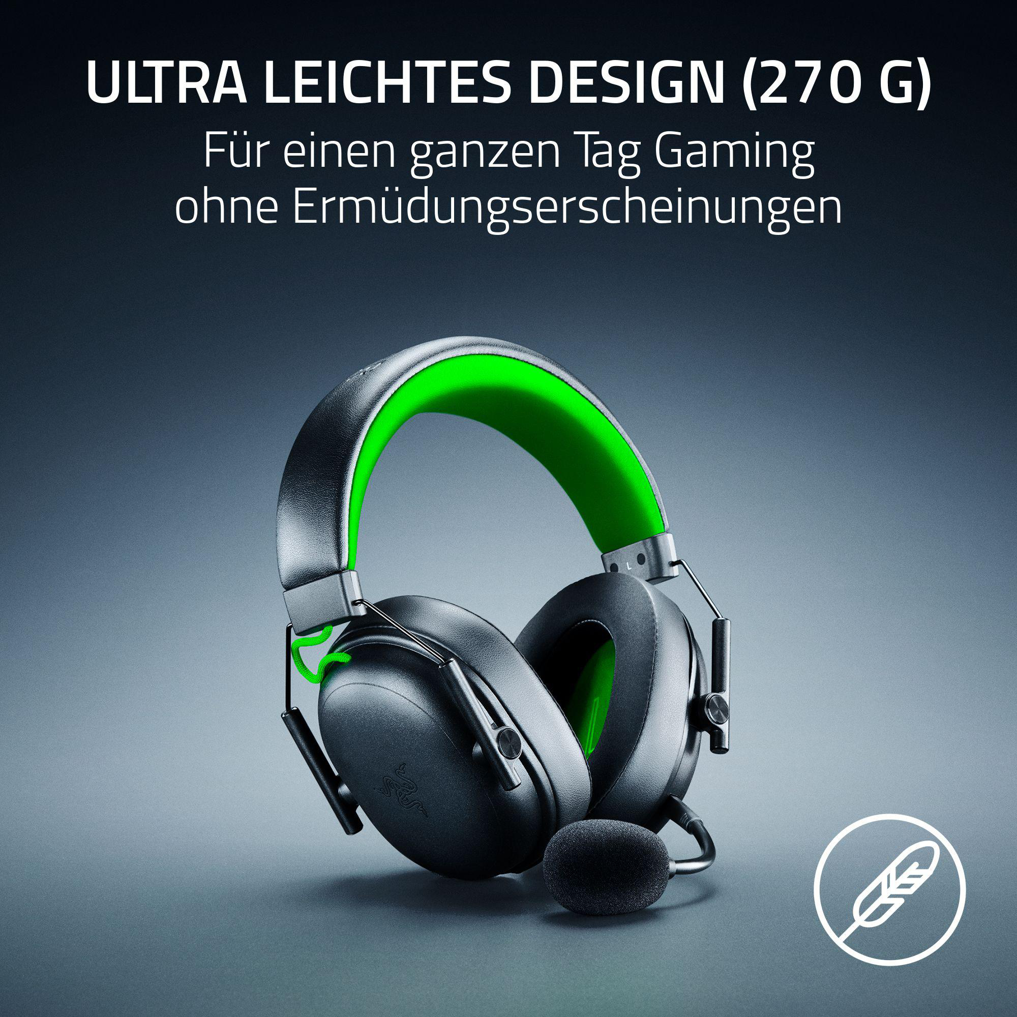 Schwarzes Gaming-Headset mit grünen Akzenten. Ein Mikrofon ist angebracht. Text: Ultraleichtes Design.