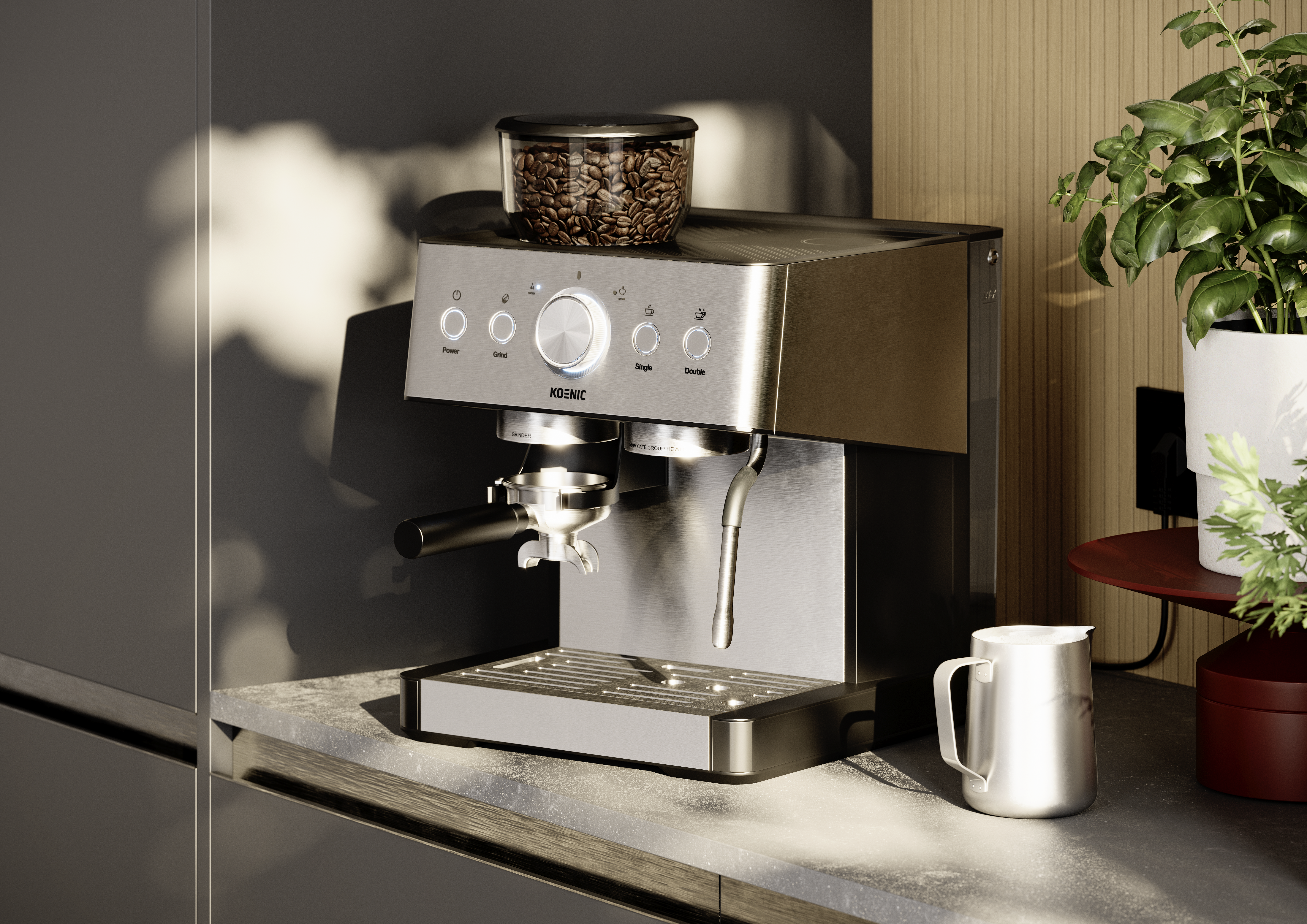 Ekspres do espresso ze stali nierdzewnej z ziarnami kawy na górze. Dzbanek na mleko i roślina na blacie.