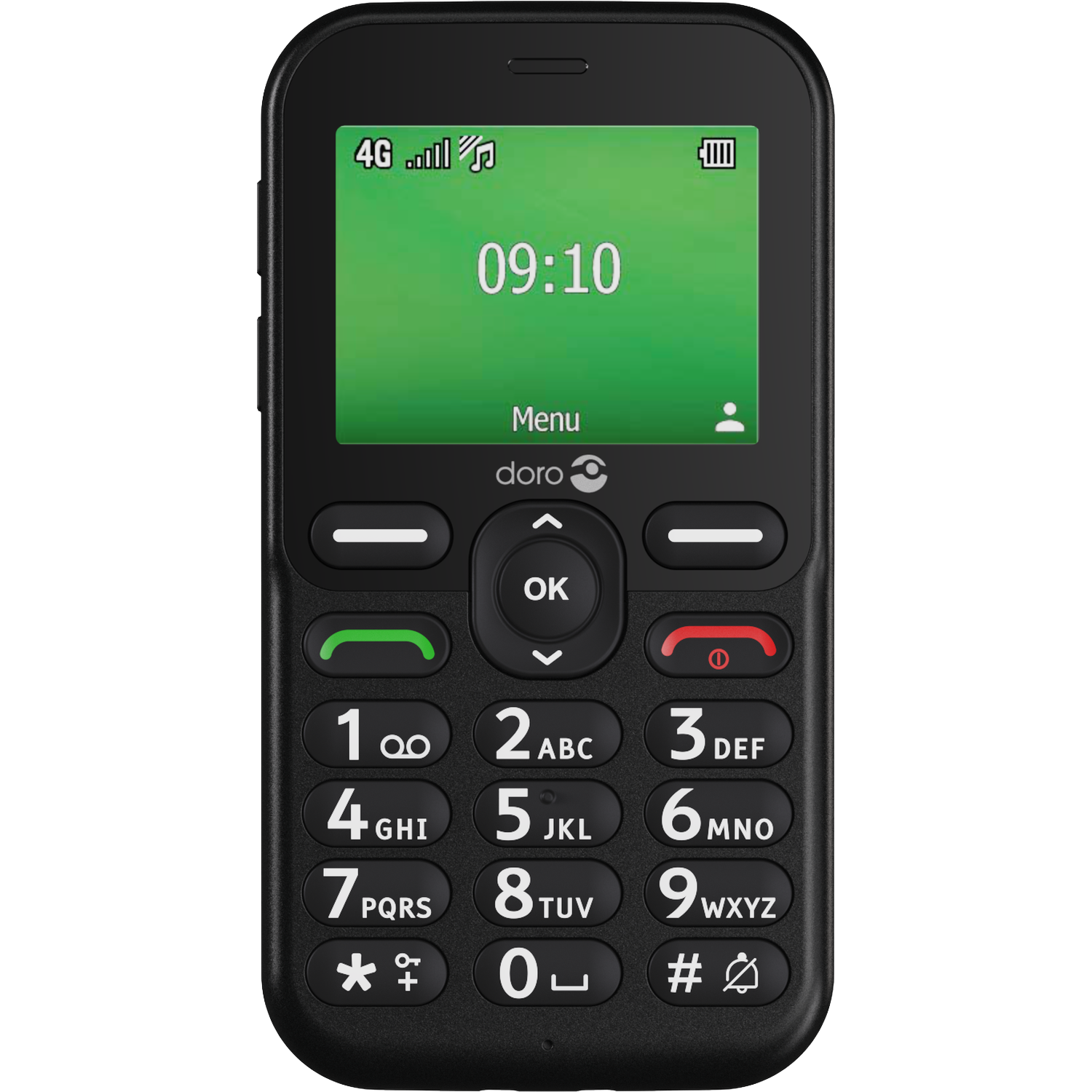 A black Doro mobile phone, displaying 09:10 on a green screen. It has a keypad and a menu option.