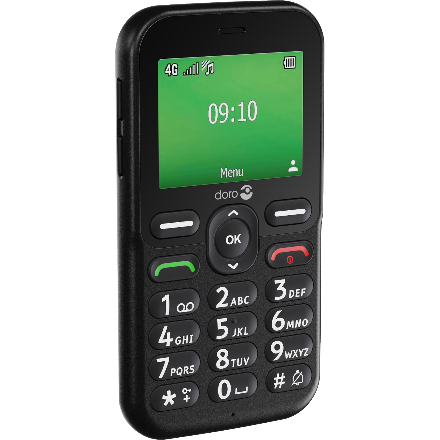 Black Doro cell phone. Green screen displays time, signal and battery. Number pad and function buttons below screen.