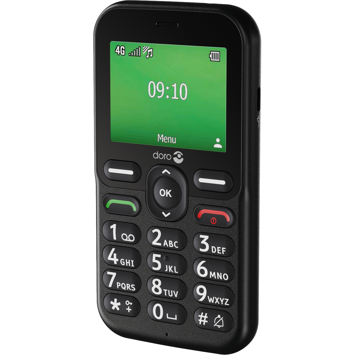 A black Doro mobile phone, displaying the time 09:10 on a green screen. It has large buttons and a simple interface.