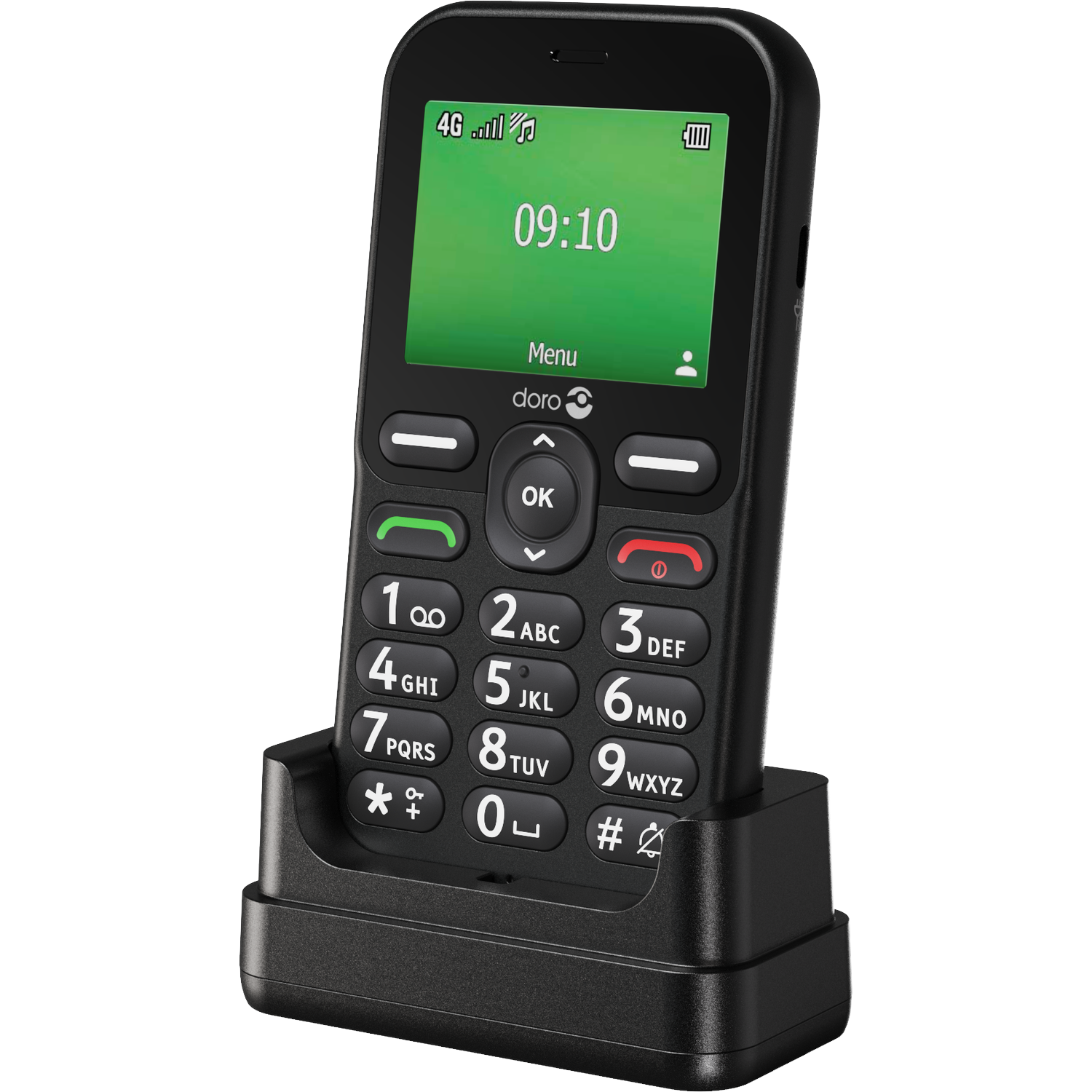 A black Doro phone in a charging dock. The screen displays the time, and the phone has large buttons.