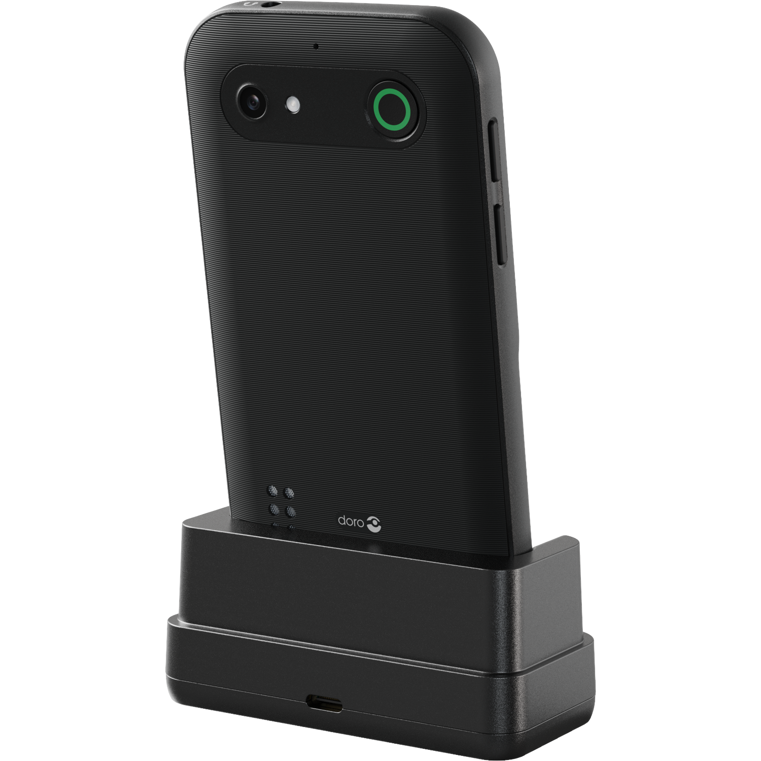 A black Doro phone in a charging cradle. The phone has a camera and a green button. The cradle is also black and has a charging port.