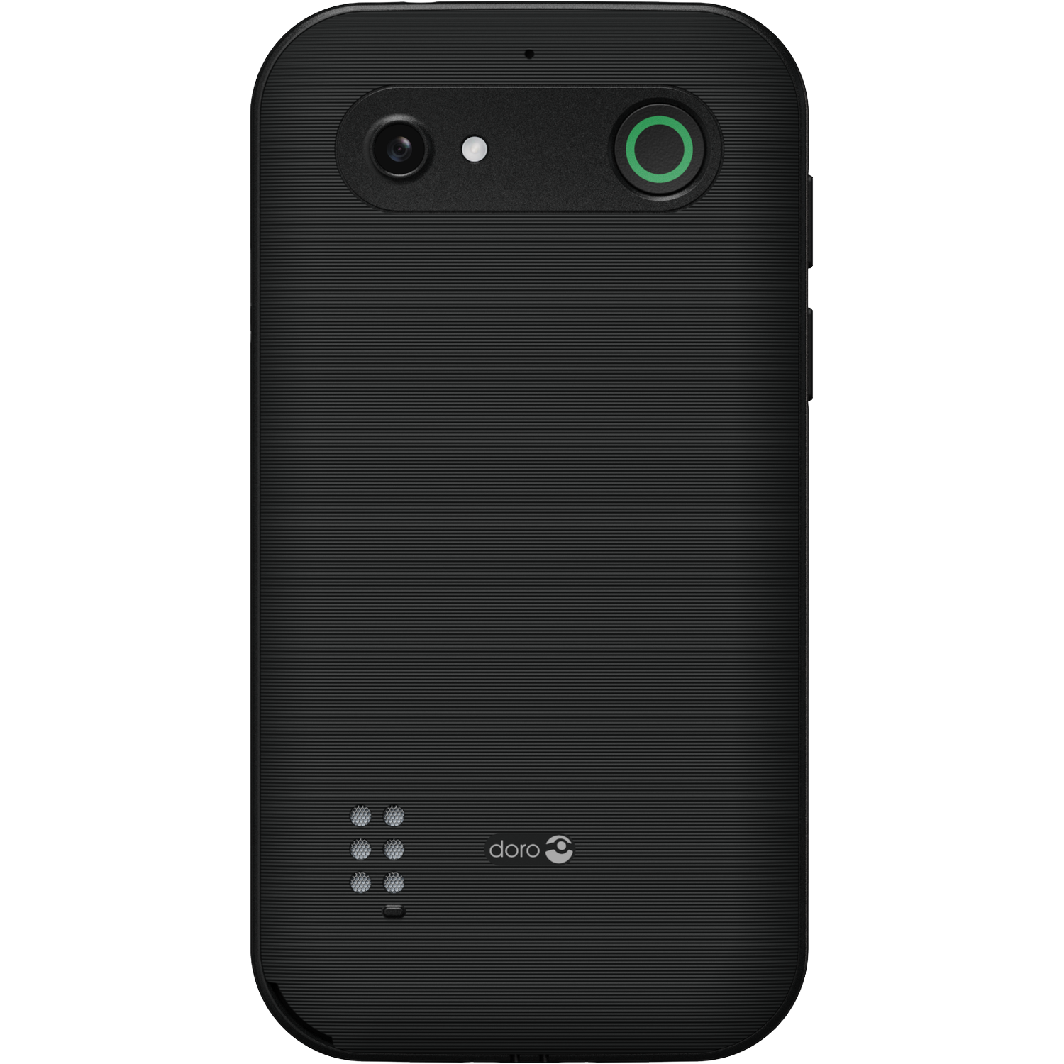Black Doro smartphone back. Features camera, flash, green button, speaker holes, and Doro logo.