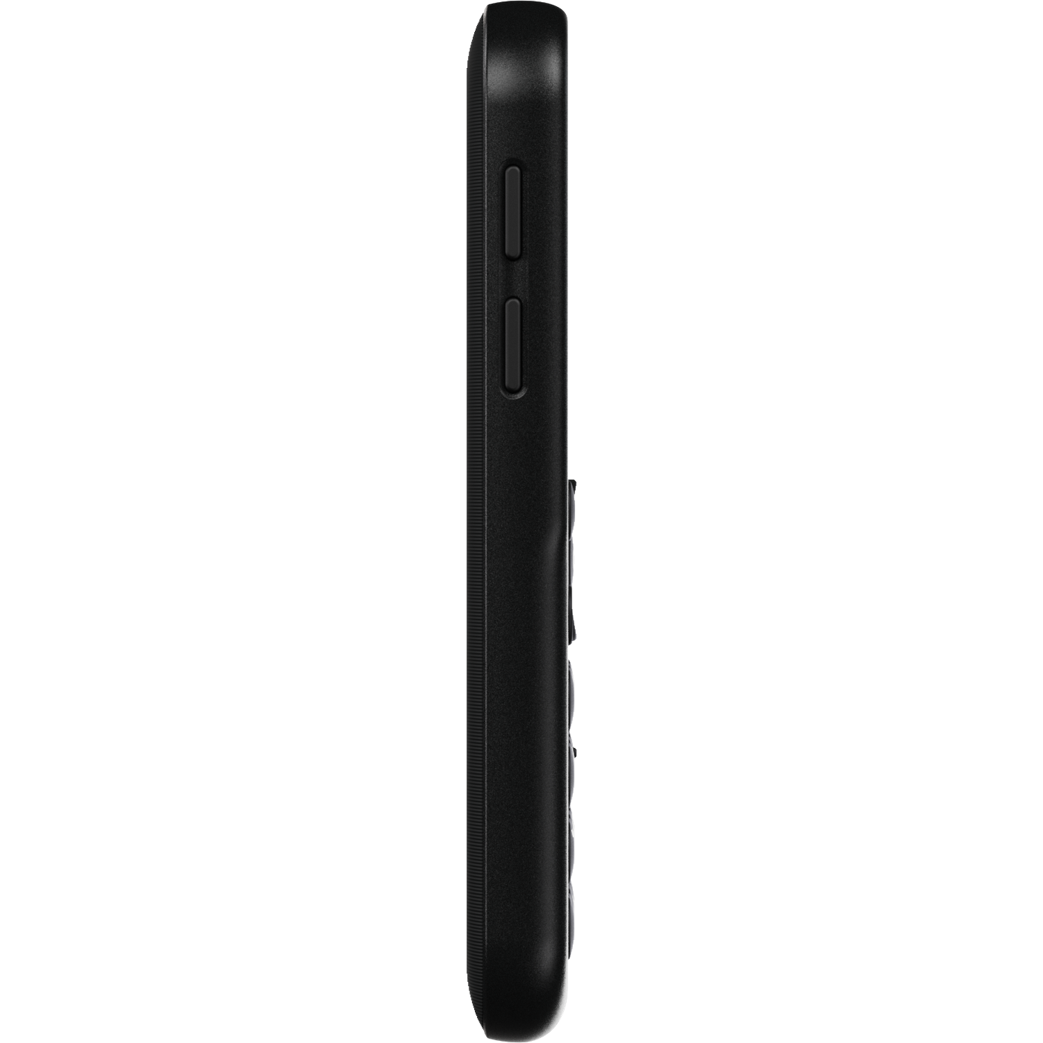 Side view of a black cell phone. Two buttons are visible on the side. The phone's surface appears textured.