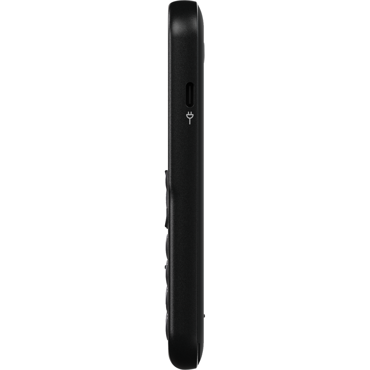Side view of a black cell phone. It has a charging port and buttons. The background is white.