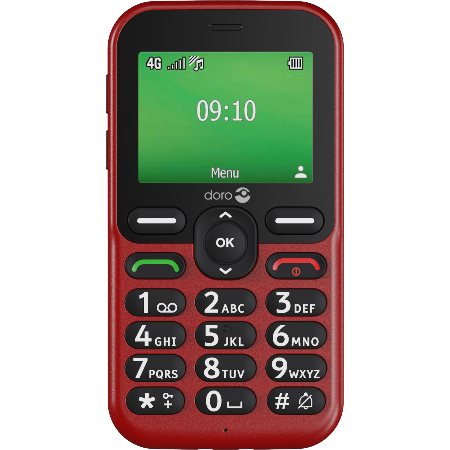 A red Doro mobile phone. The screen shows the time and menu options. Has a keypad with large buttons and a call button.