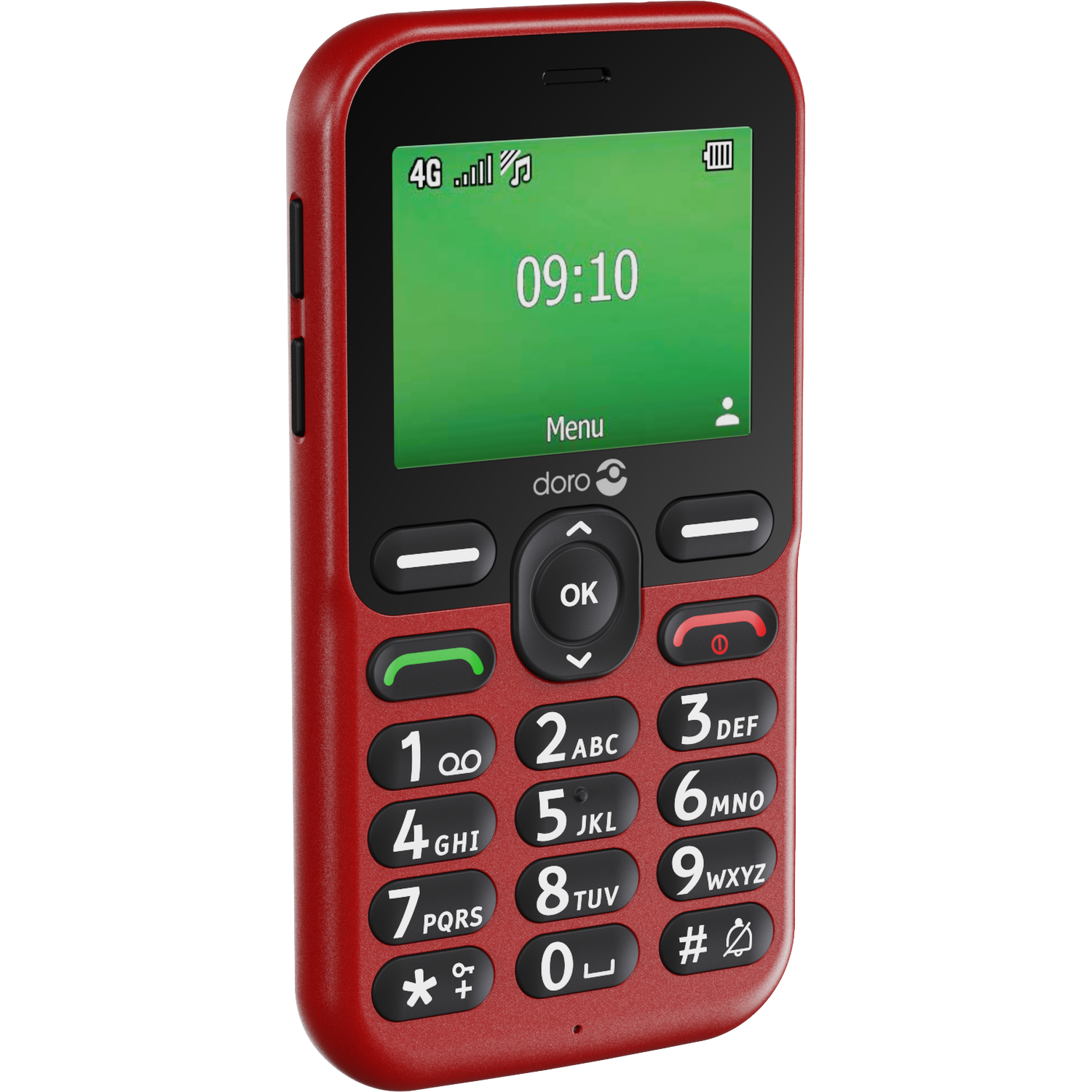 A red Doro phone displaying 09:10 on a green screen. It has a keypad with large buttons, and the word 'Menu' is visible.