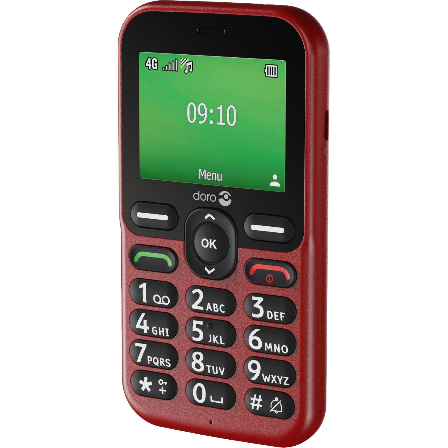 A red Doro mobile phone with a green display showing 09:10. The phone has a number pad and a screen showing signal strength.