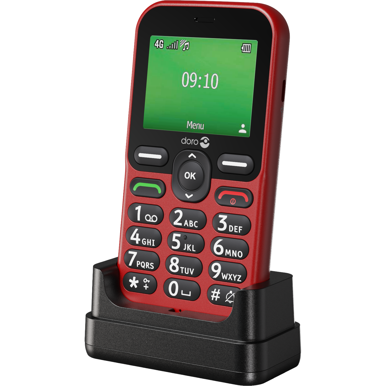 A red Doro phone with large buttons is in a black charging cradle. The screen displays 09:10. The phone has a 4G signal.