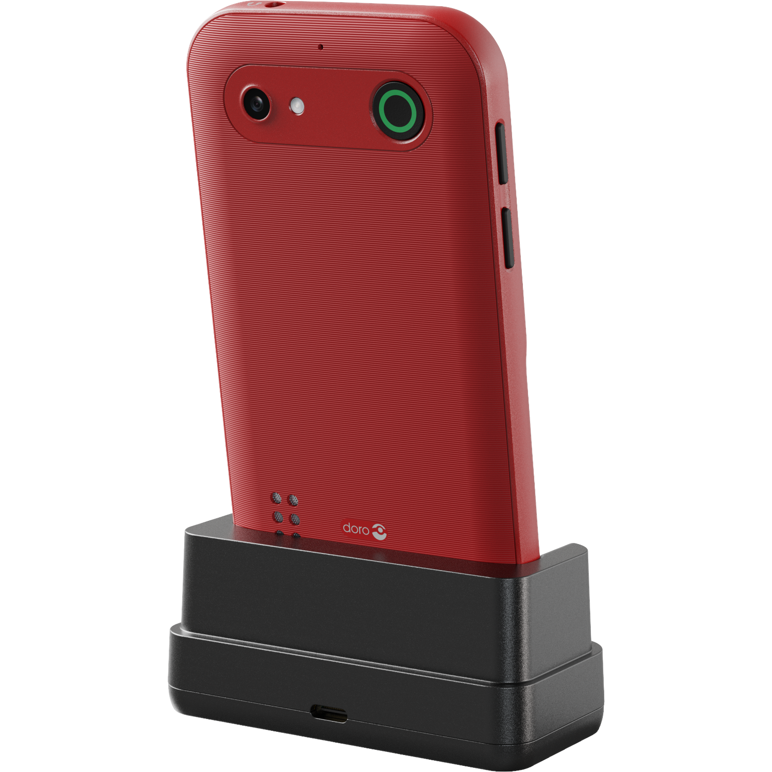 A red smartphone is docked on a black base. The phone has a camera and a green circle. The base has a charging port.
