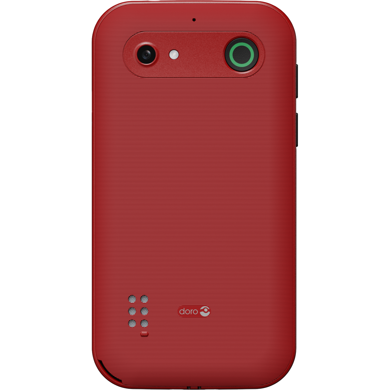 Red Doro phone back. Features a camera, flash, green button, speaker holes, and Doro logo. Textured surface.
