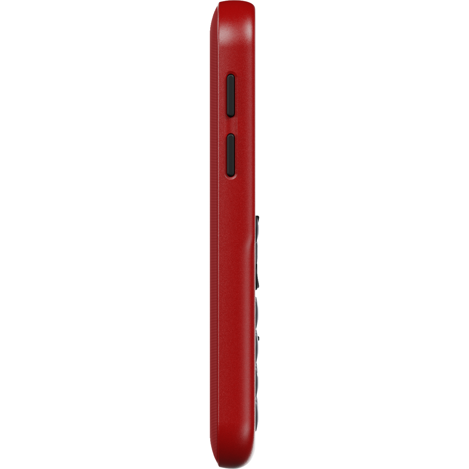 Side view of a red mobile phone. Two black buttons are visible on the side. The phone is set against a white background.