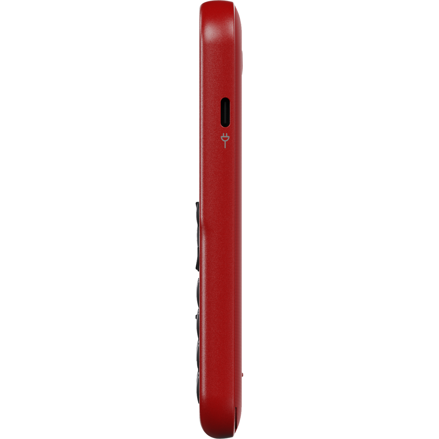 Side view of a red mobile phone with buttons and a charging port. The phone is against a white background.