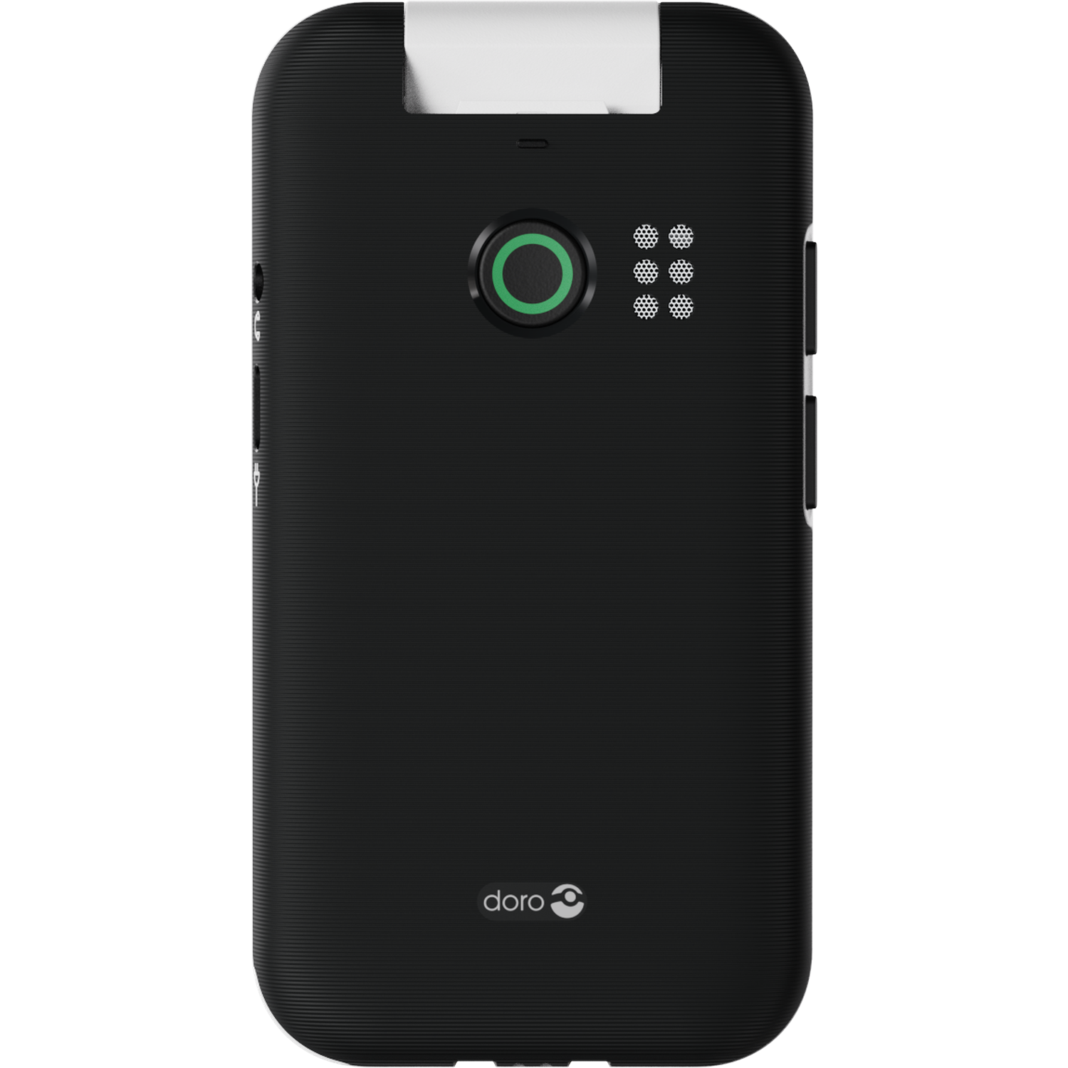 Dos de téléphone Doro noir. Comprend un bouton circulaire vert, trois ensembles de trois petits trous et un dessus blanc. Le logo Doro est en bas.