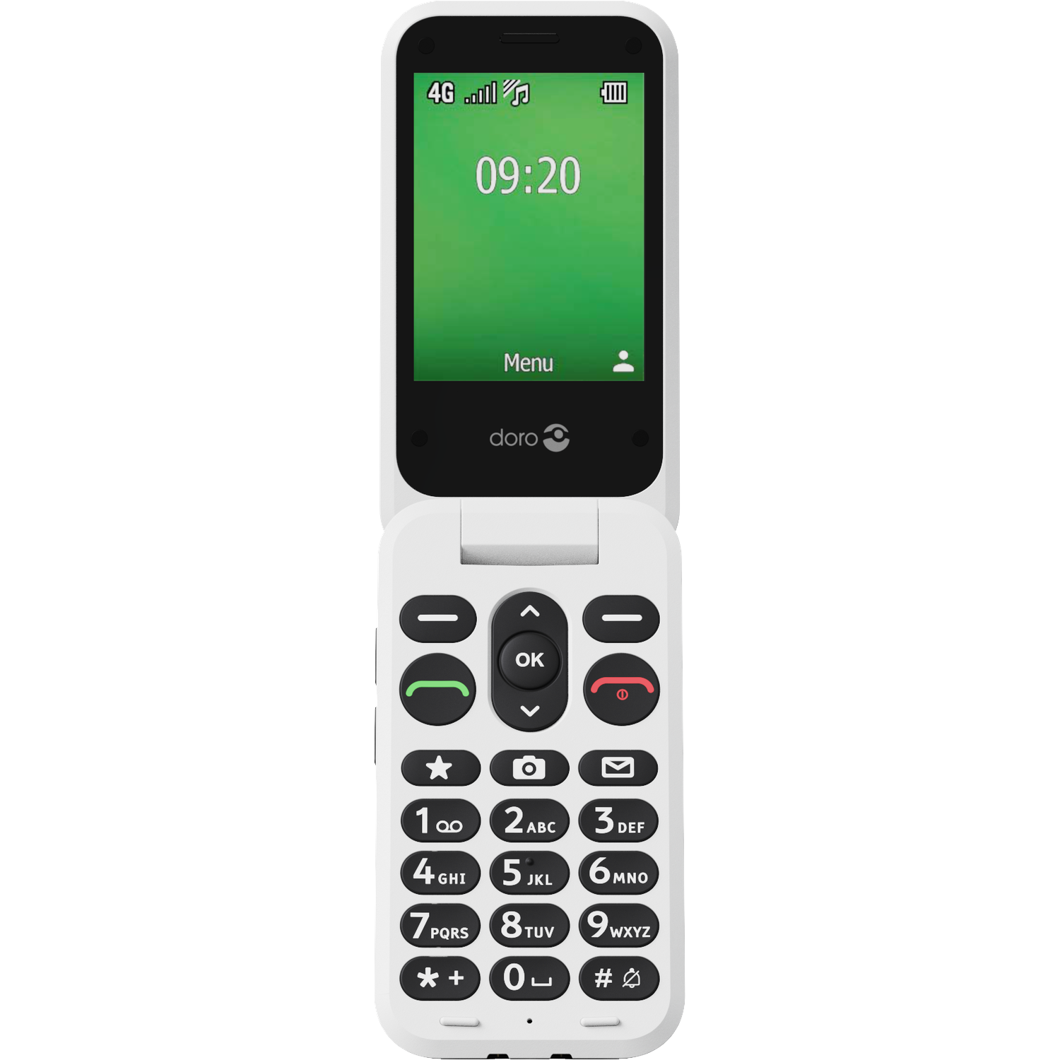Un téléphone à clapet blanc avec un écran vert affichant l'heure. Clavier visible avec de gros boutons. L'écran affiche 'Menu' et le logo 'doro'.