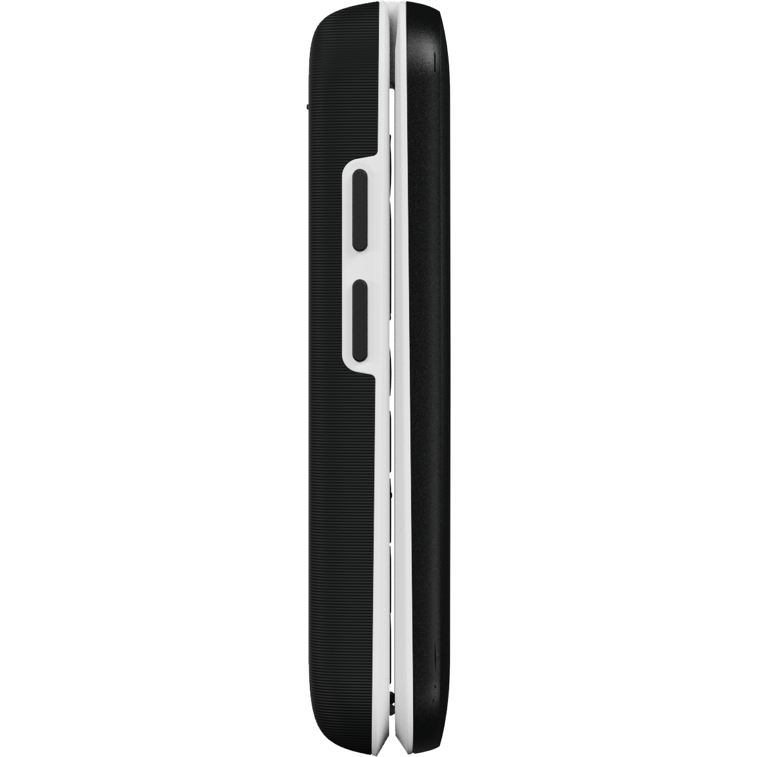 Vue latérale d'un téléphone à clapet noir et blanc. Le téléphone est fermé, montrant un dos texturé et un détail de charnière blanc.