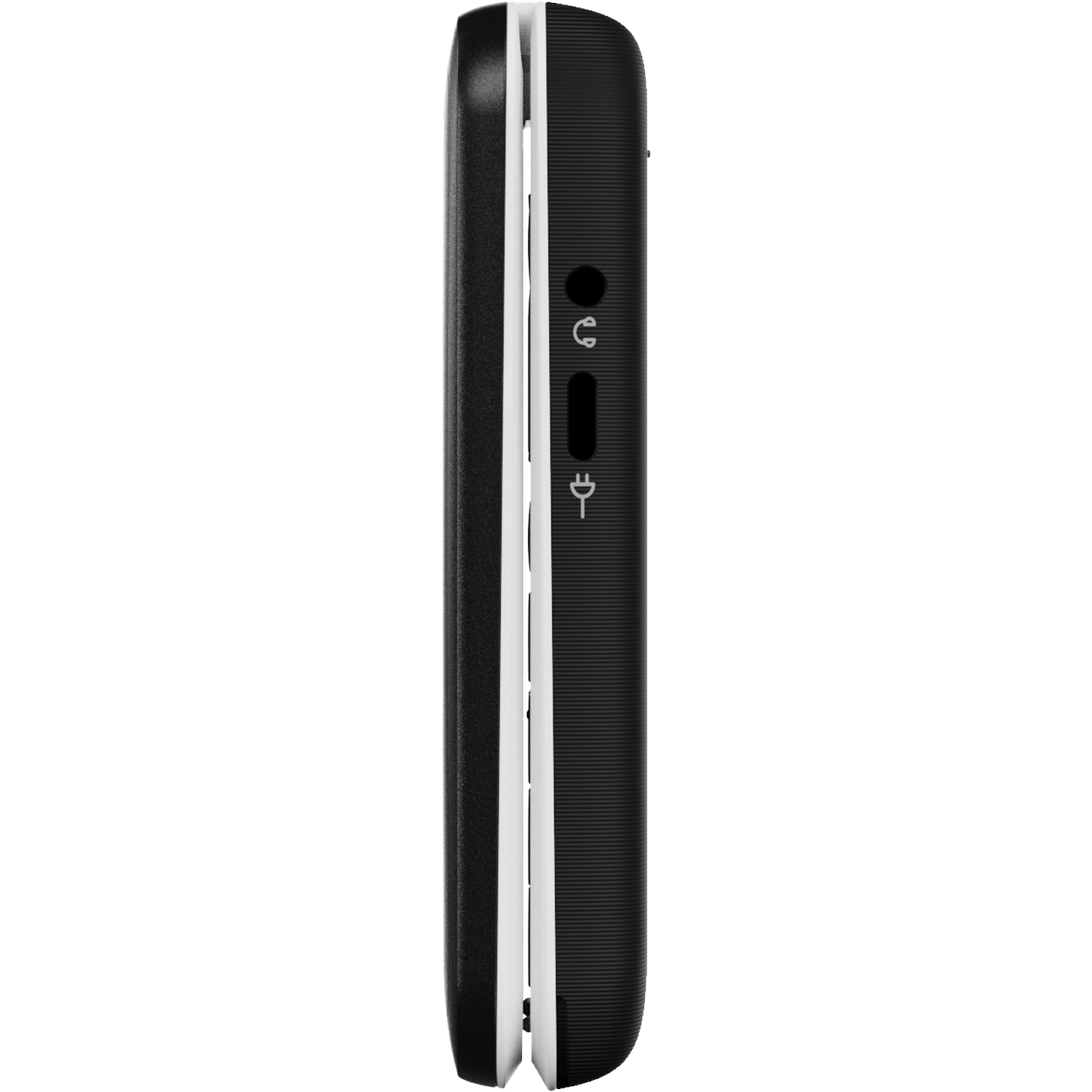 Vue latérale d'un téléphone portable noir et blanc. On peut voir une prise casque, un port de charge et un bouton d'alimentation, tous sur le côté.