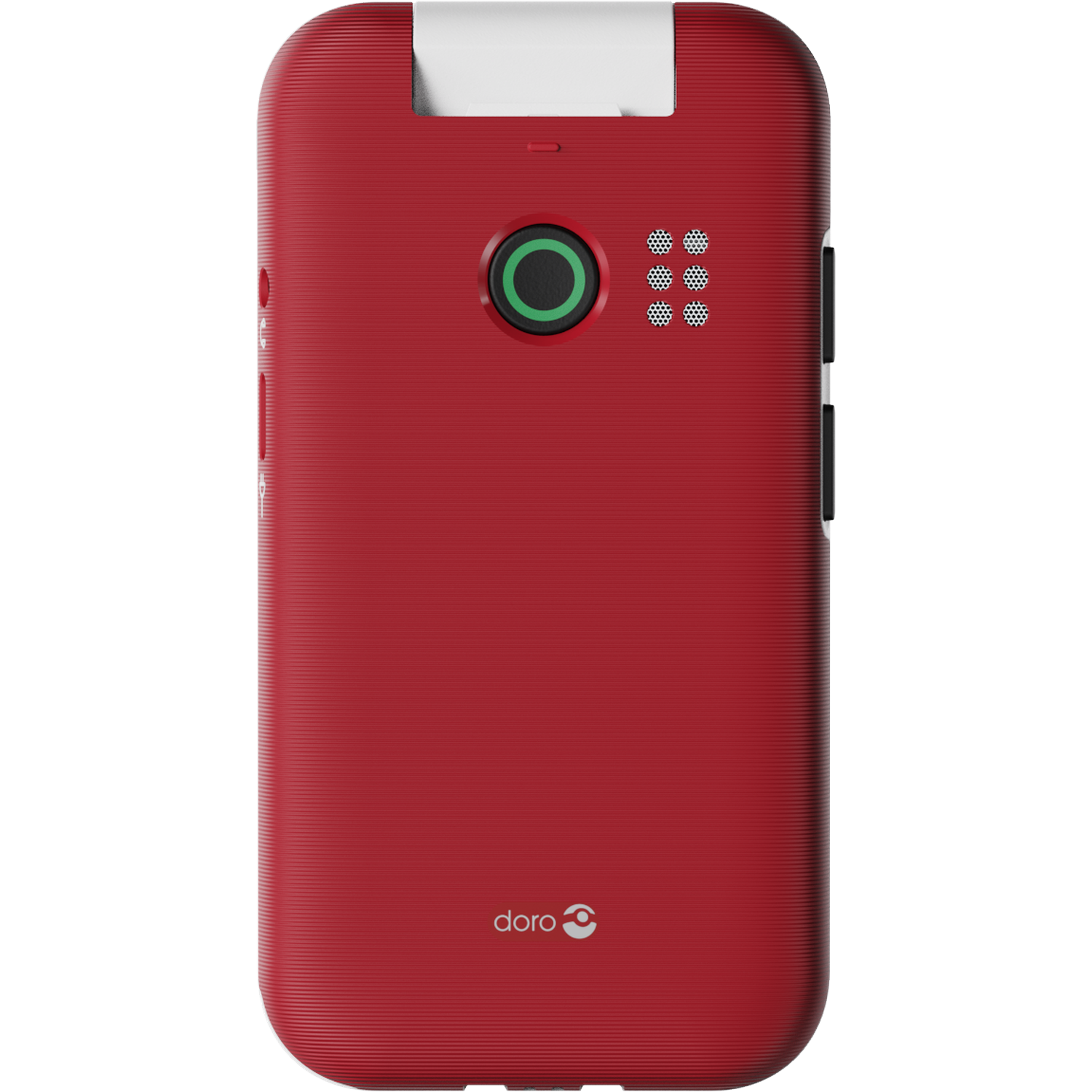 Red Doro phone. Features a white top, green circle button, and speaker holes. Doro logo at the bottom.