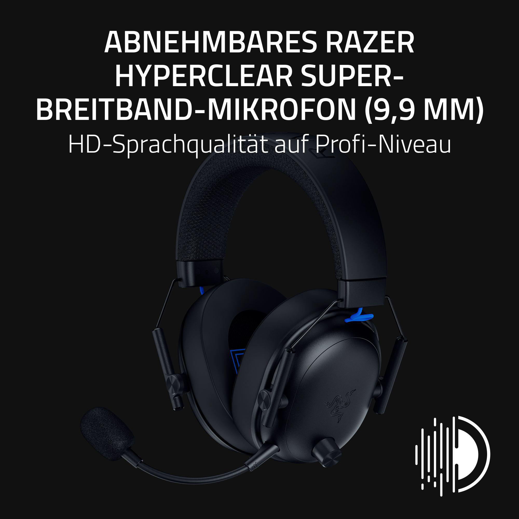 Schwarzes Razer-Headset mit abnehmbarem Mikrofon. Produktname und -merkmale auf schwarzem Hintergrund.