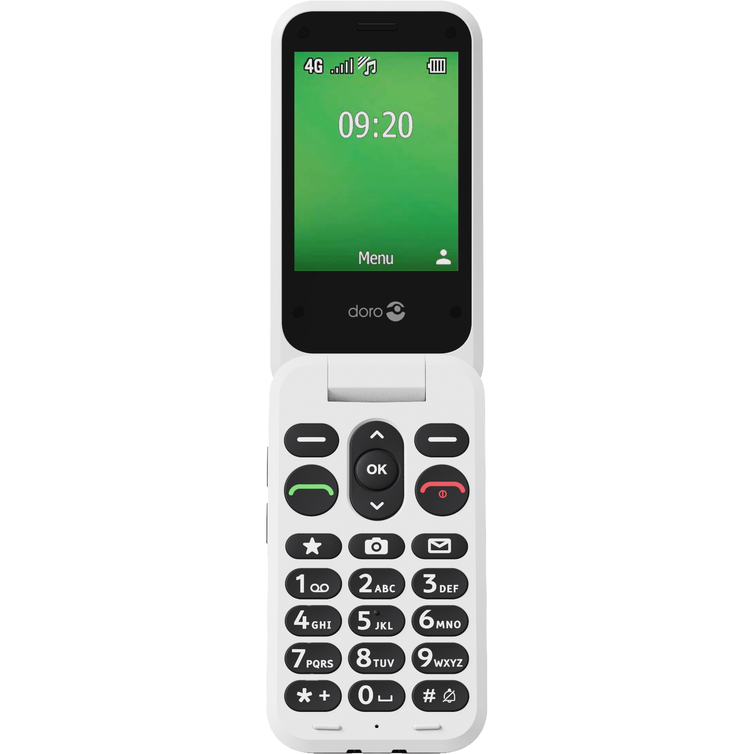 A white flip phone with a green screen showing the time. It has a keypad with large buttons and a doro logo.