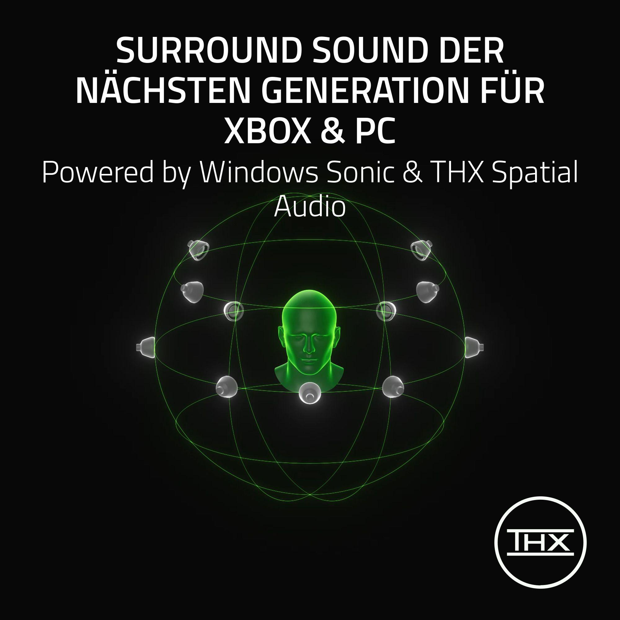 Bild mit Text über Surround-Sound für Xbox und PC, ein grüner Kopf in der Mitte und THX-Logo.