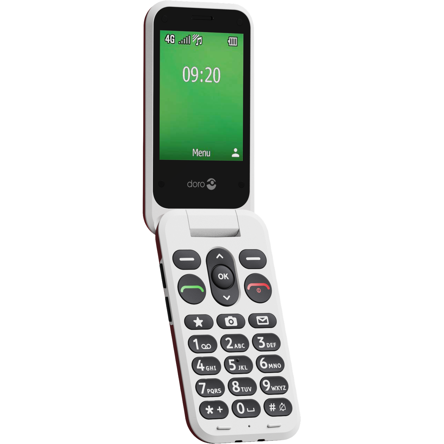 A white flip phone with a green screen showing the time. It has a keypad with large buttons and a red trim.