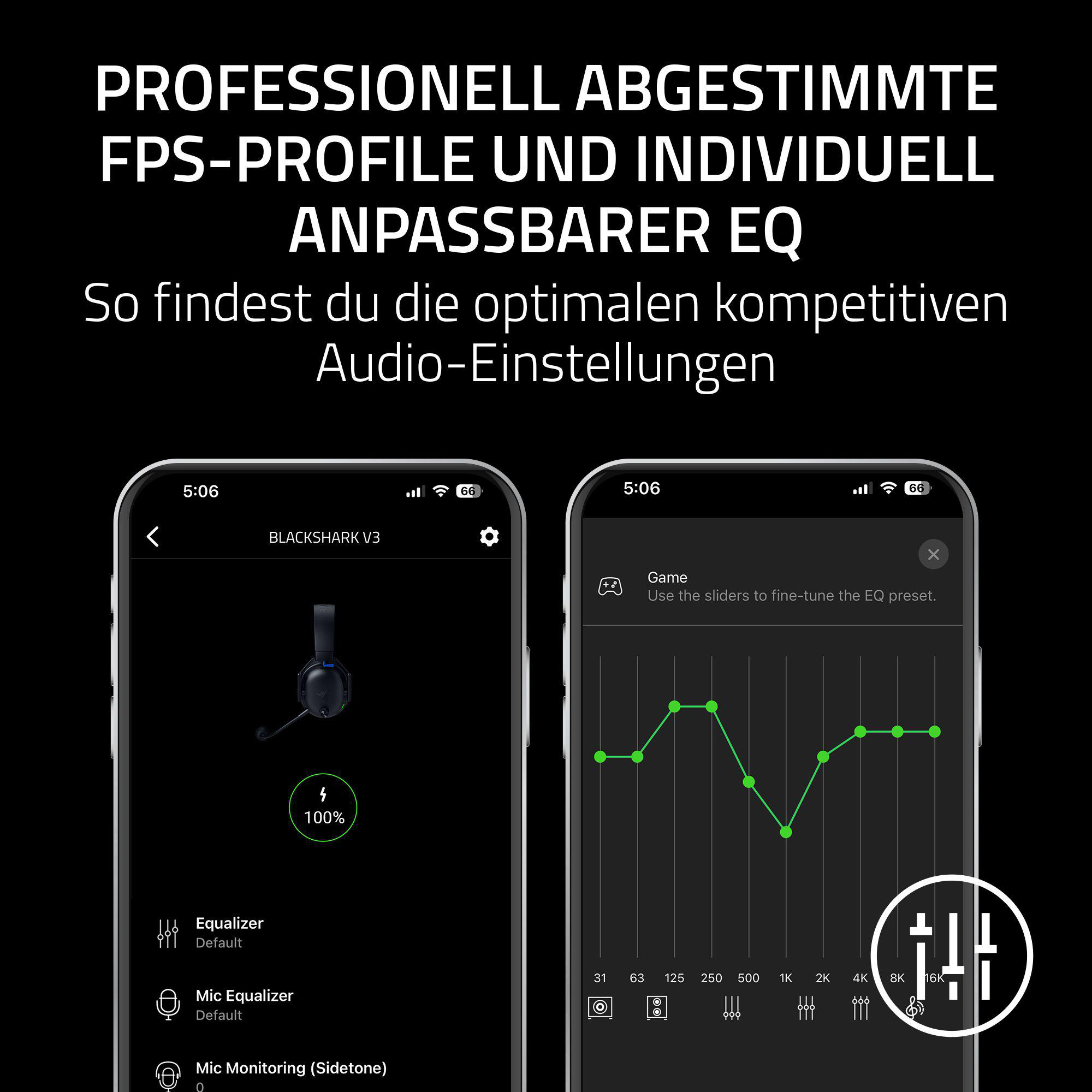 Zwei Telefone zeigen Audioeinstellungen. Auf einem sind Kopfhörer abgebildet. Auf dem anderen ein Diagramm und Schieberegler. Text auf Deutsch.
