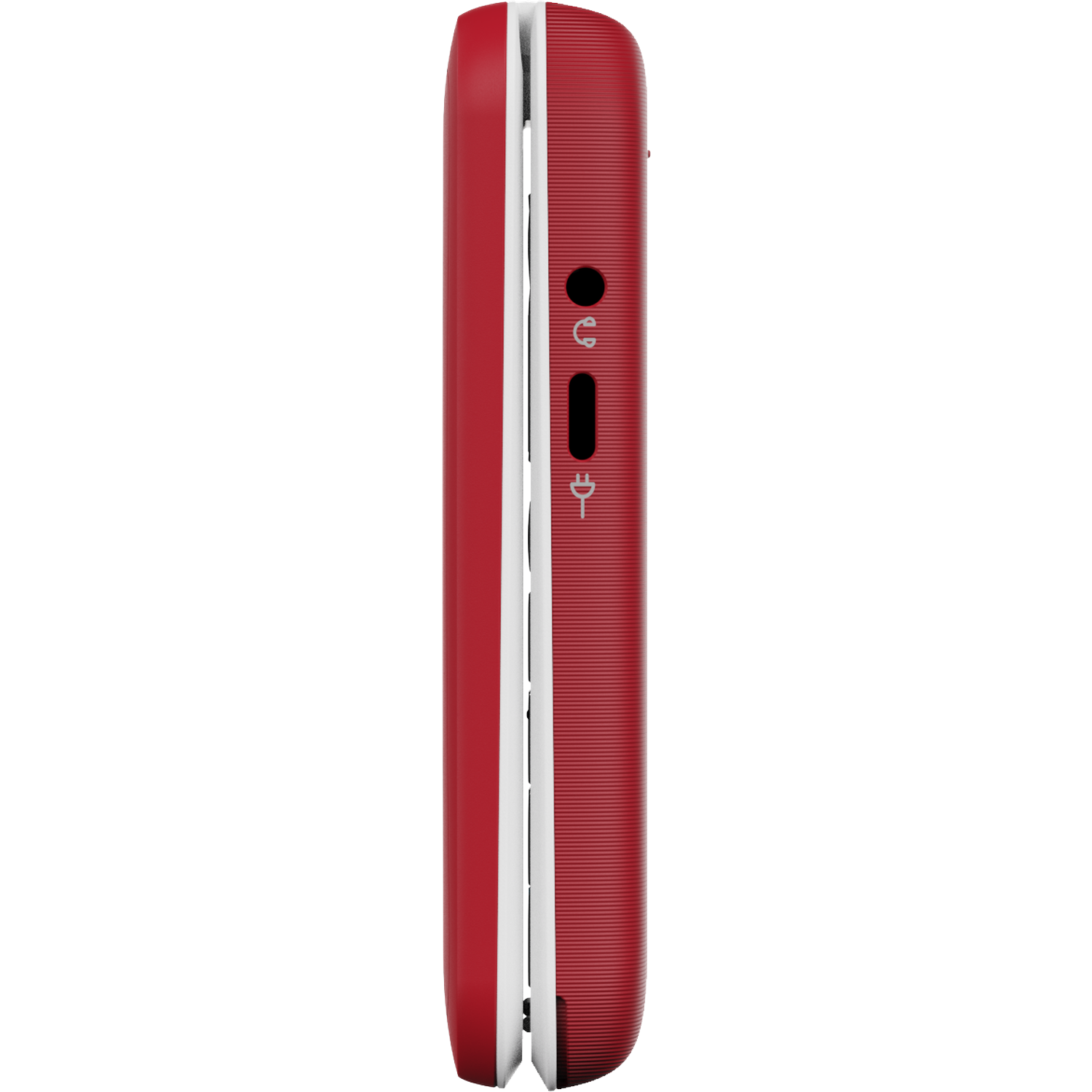 Side view of a red flip phone. It has a white strip on the left and a power button, volume button, and charging port on the side.