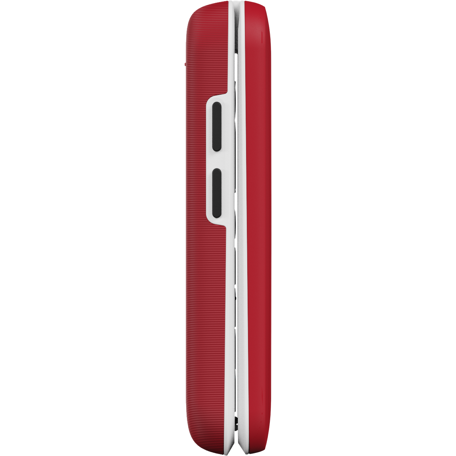 Side view of a red cell phone with white accents. It has a textured back and a smooth, curved front.
