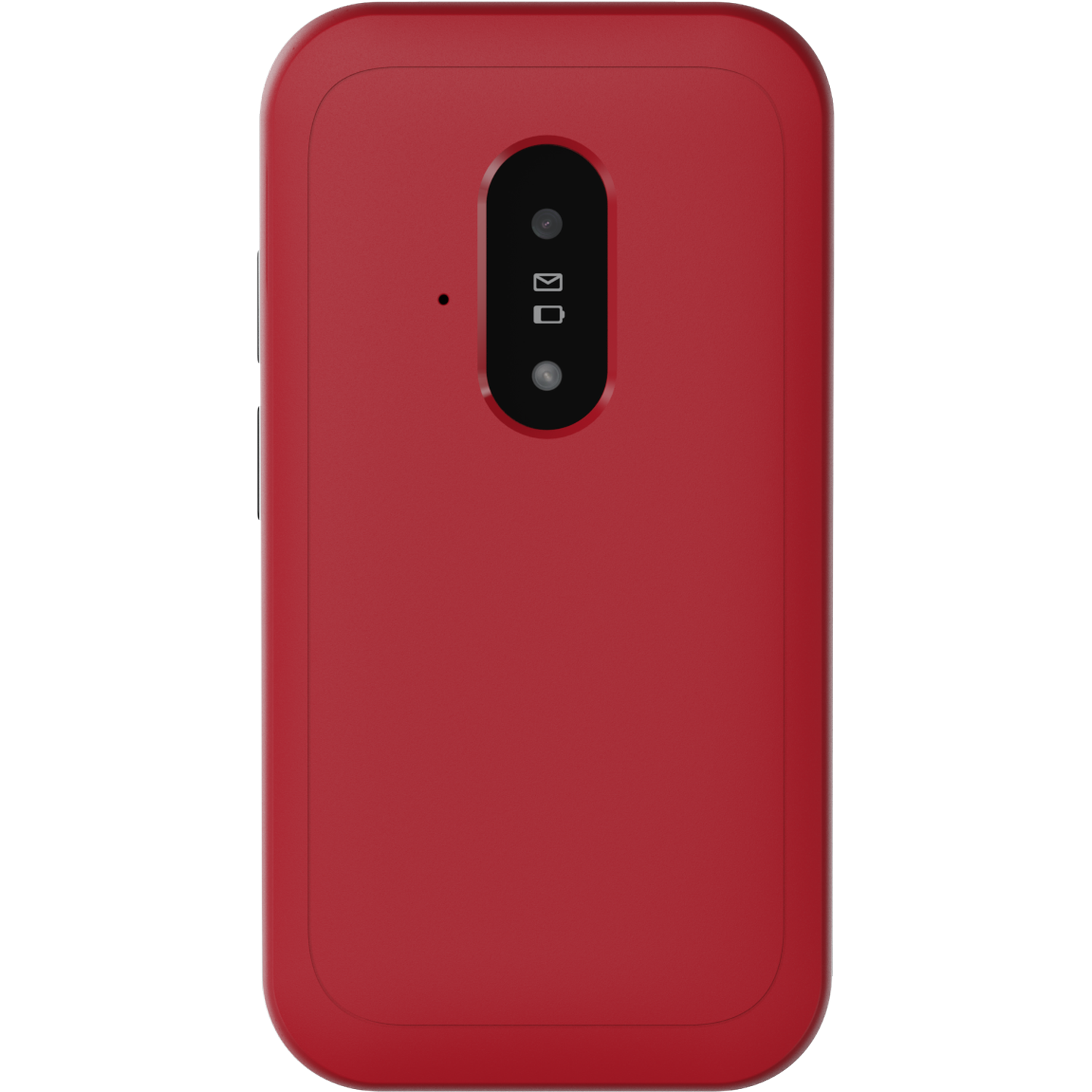 A red rectangular device. It has a black oval with two lenses, a small dot, and two buttons on the side. The background is white.