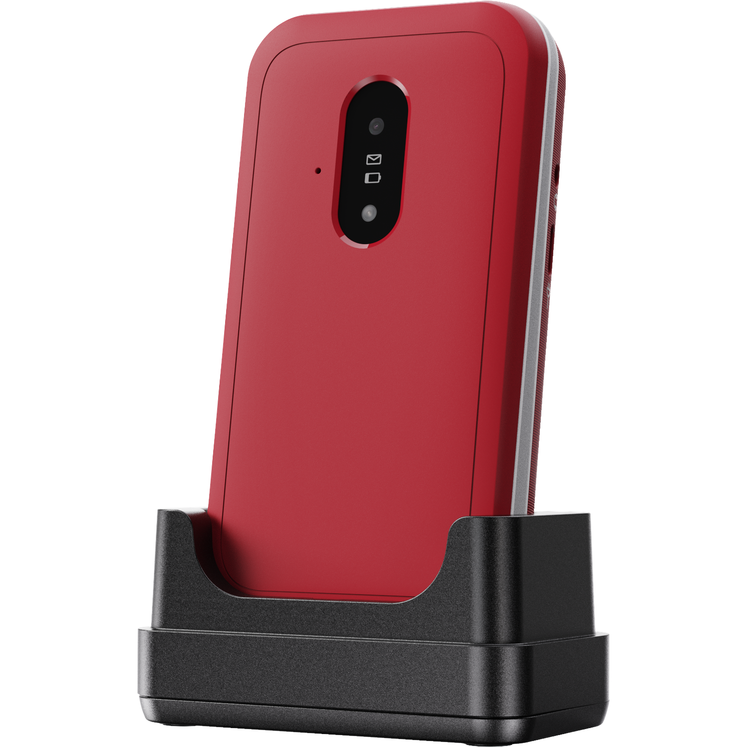 A red handheld device in a black charging dock. The device has a camera and a screen. The dock is rectangular.