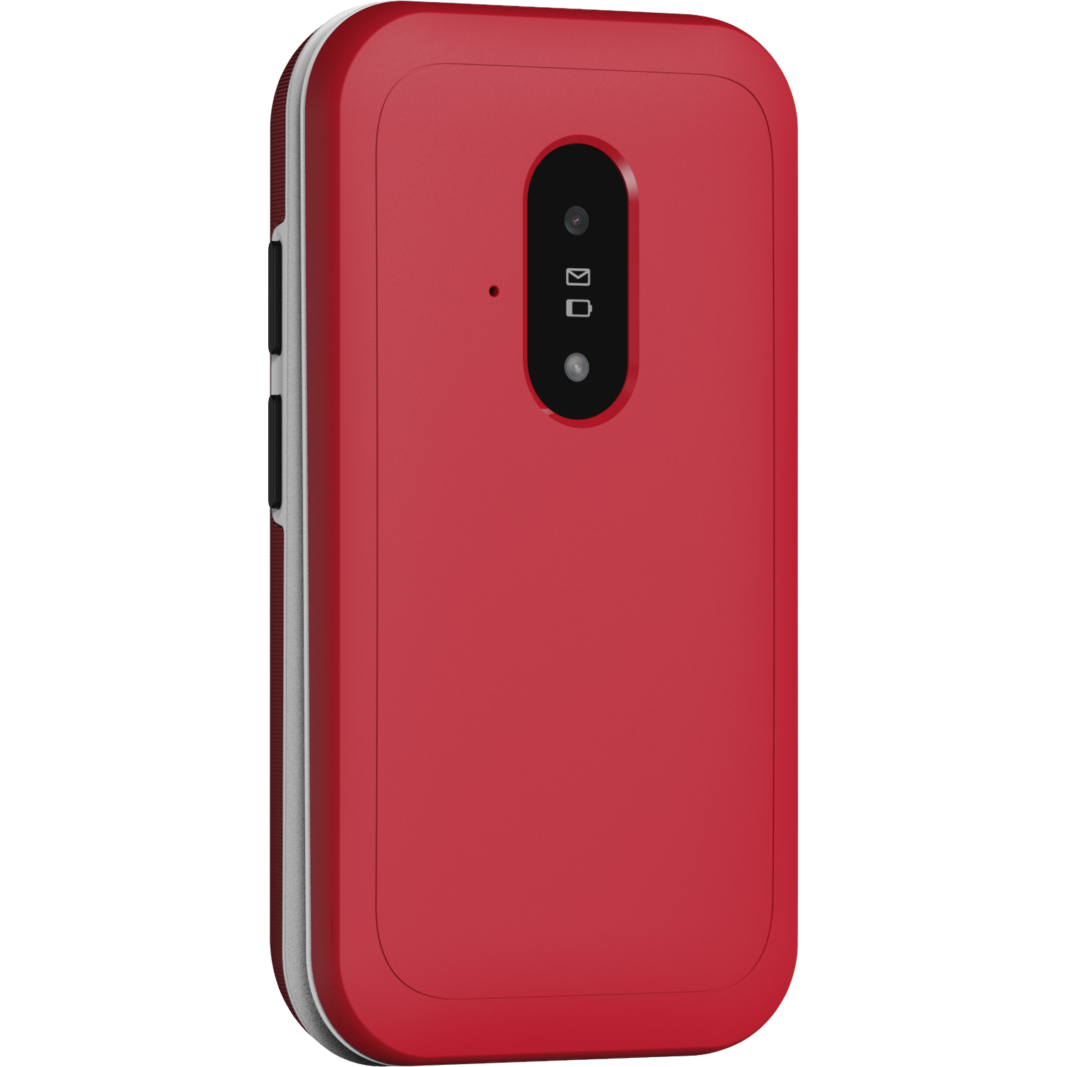 A red smartphone with a black camera module. The phone has a metallic side with buttons. It's against a white background.