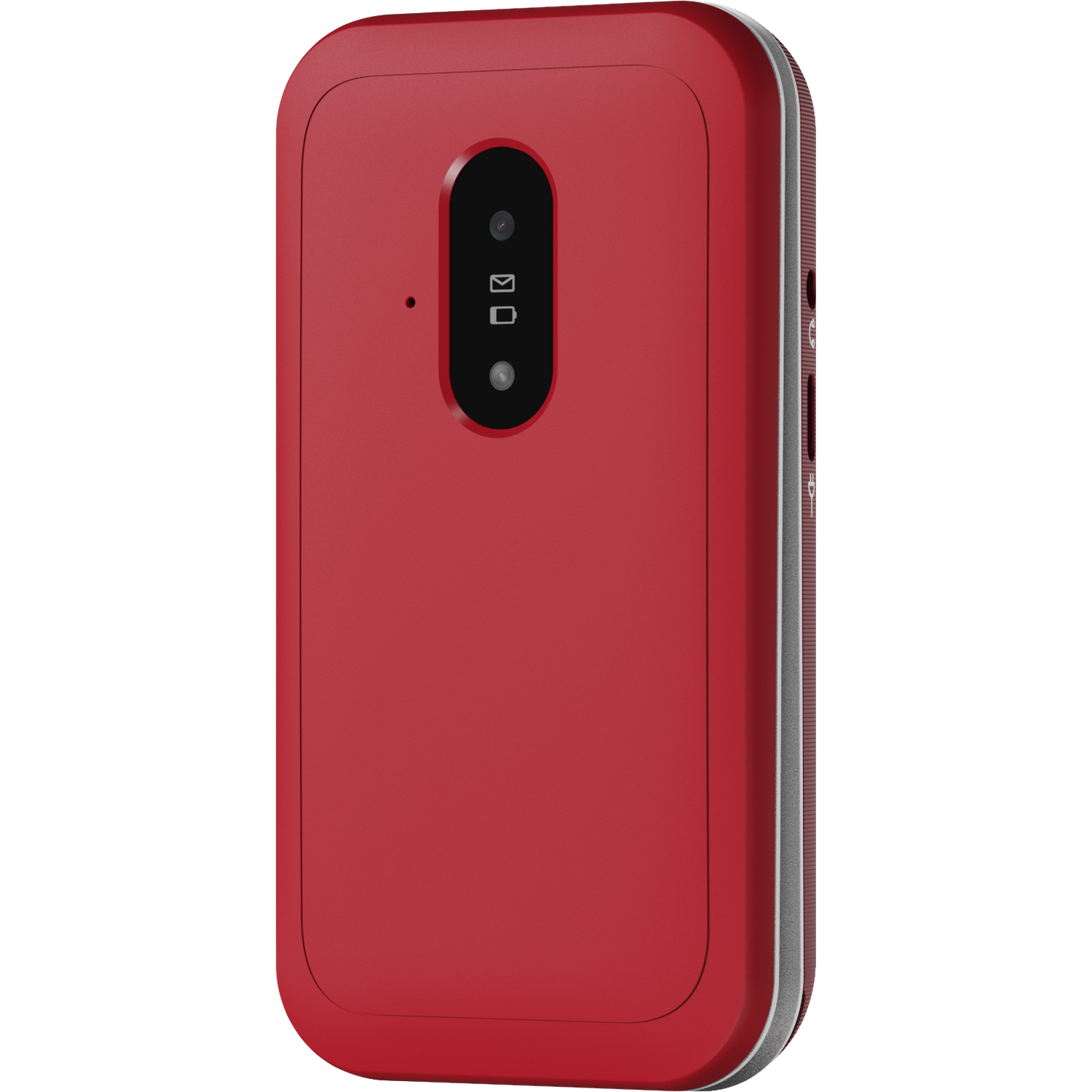 A red rectangular device with a black oval, camera, and icons. It has a silver frame on the side.