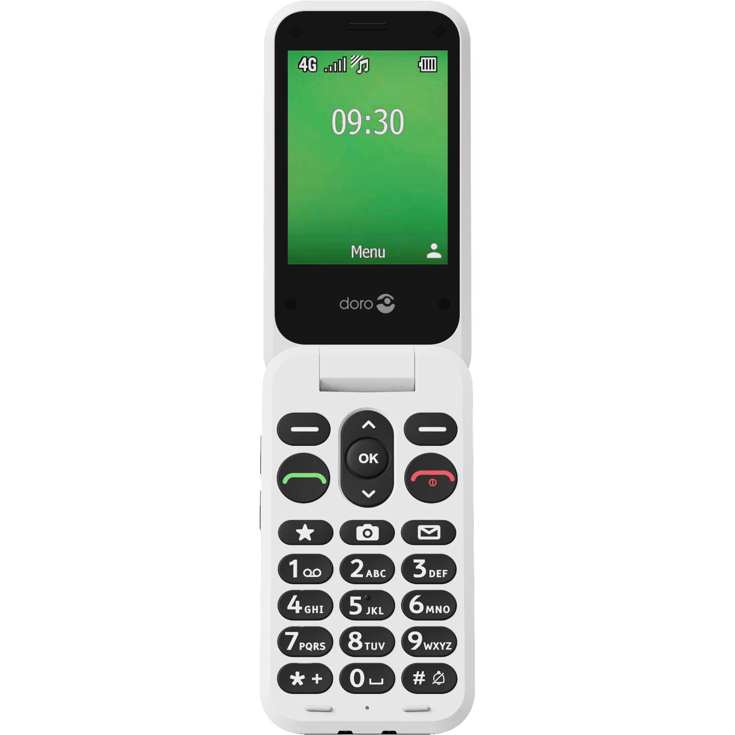 White flip phone, open. Display shows time and menu. Keypad has large buttons with numbers and symbols. Doro logo at the bottom.