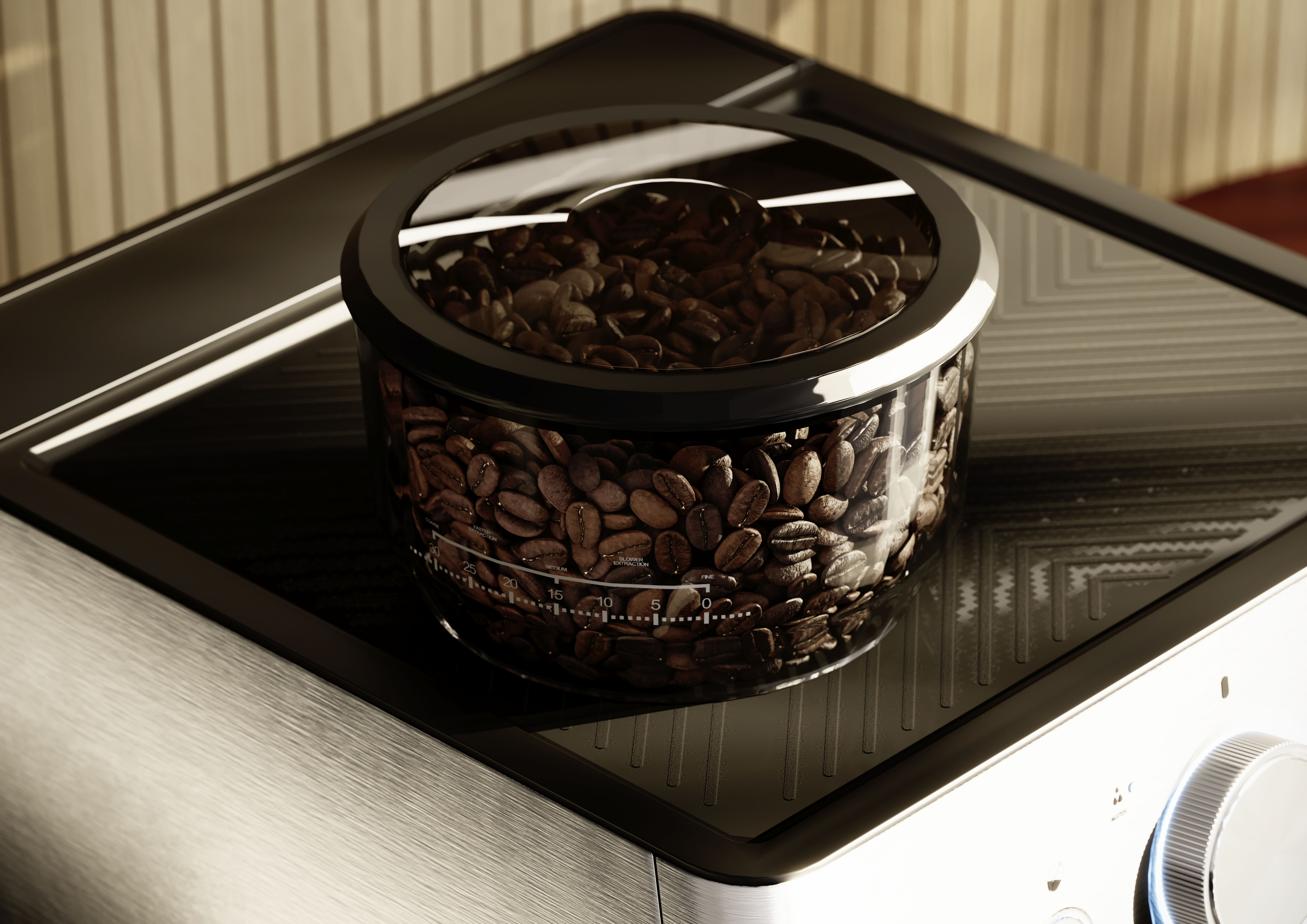 Pojemnik na ziarna kawy stoi na ekspresie do kawy. Ziarna wypełniają przezroczysty pojemnik. Maszyna jest czarna i srebrna, a w tle jest drewno.