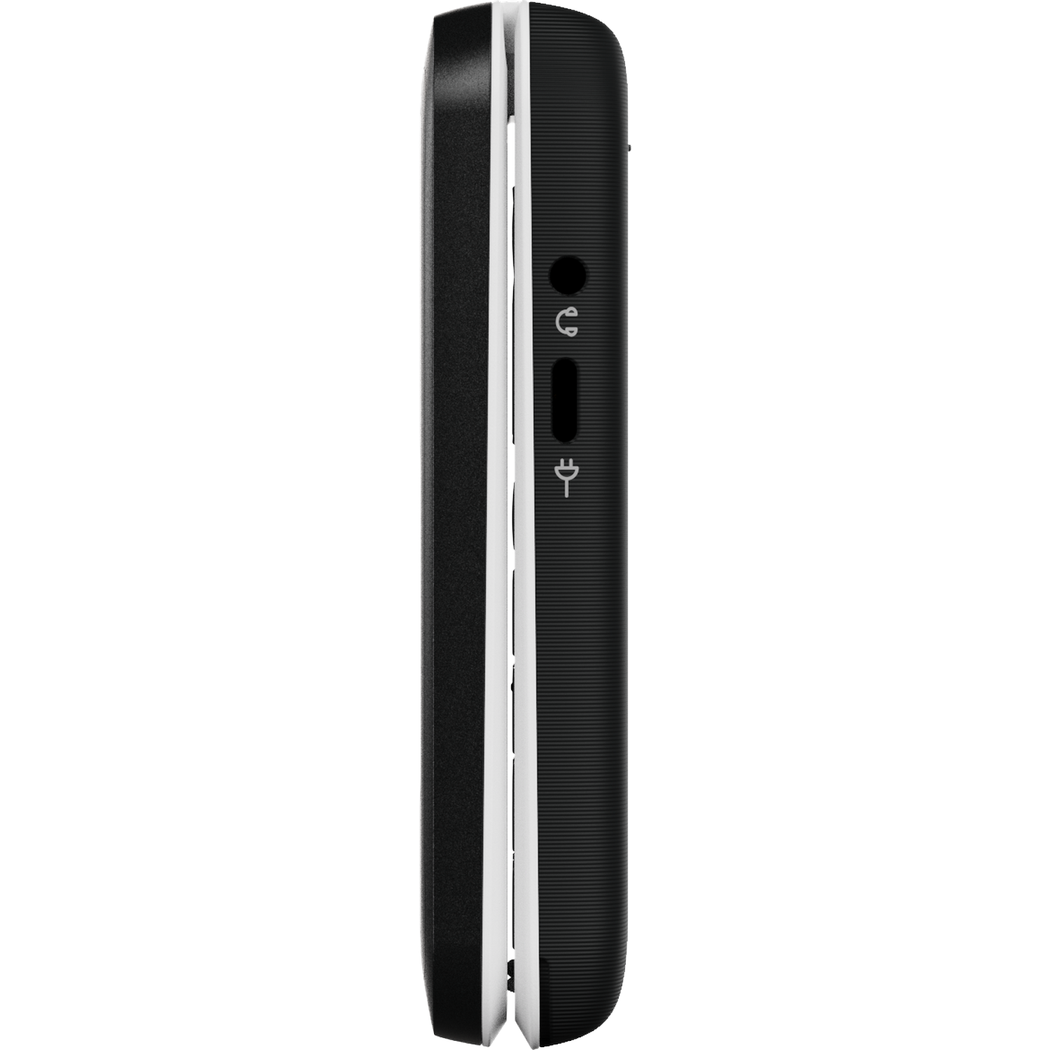 Side view of a black and white phone. Features include a headphone jack, charging port, and a power button.