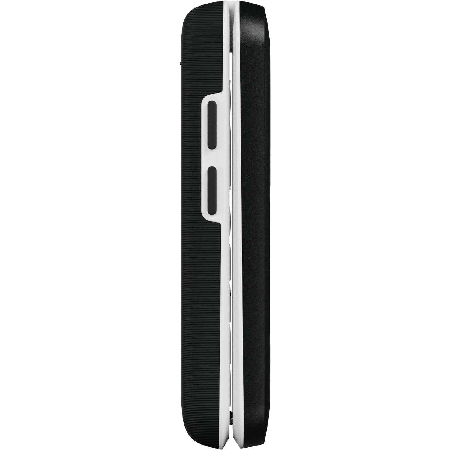 Side view of a black and white device. It has a ridged black surface and a white section with two rectangular cutouts.