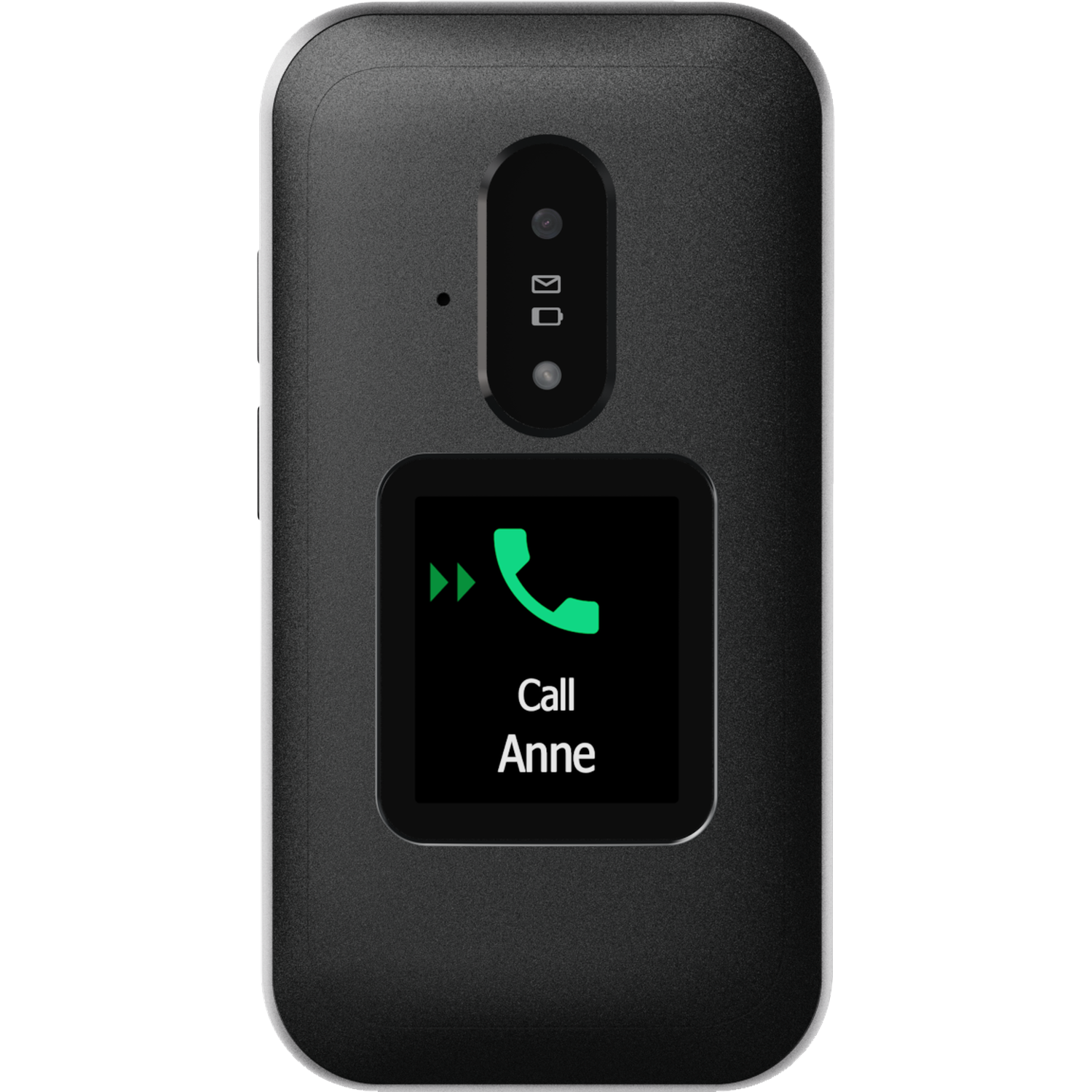 A black and white phone displaying a call screen. It shows a green phone icon with 'Call Anne' and two green arrows.